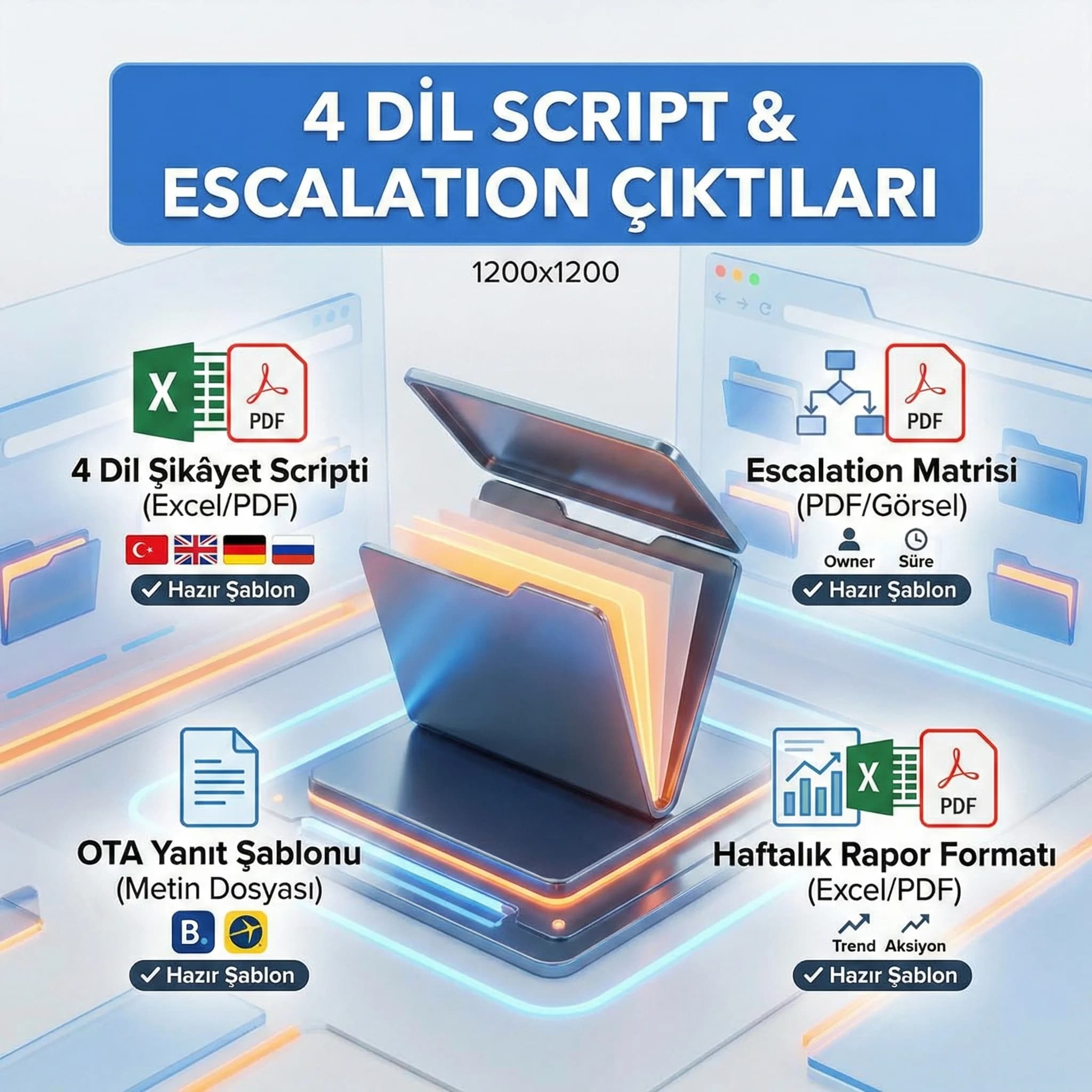 4 dilde script ve escalation matrisi çıktıları, otel ekibine uygulanabilir kanıt