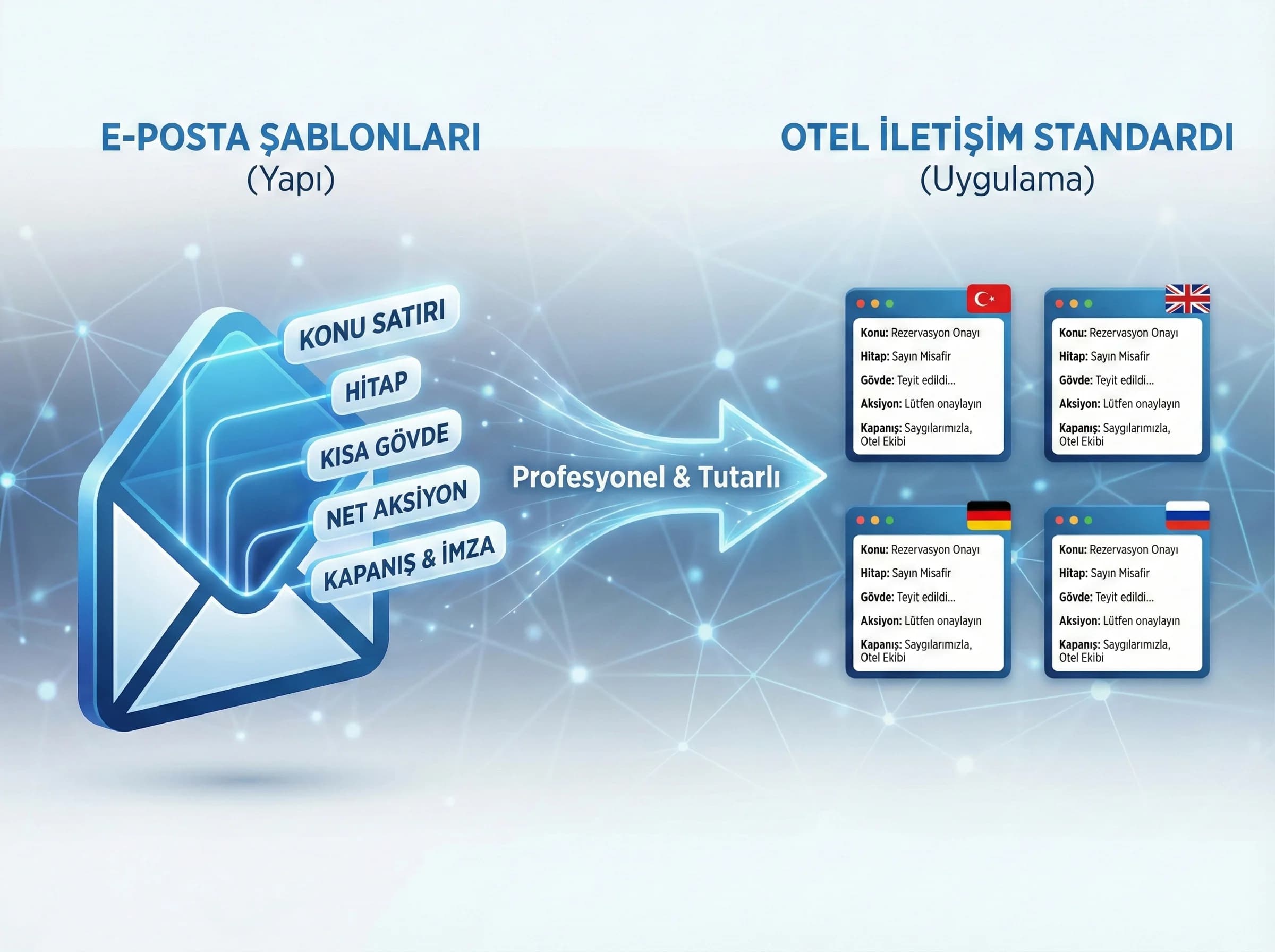 E-posta şablonları bölümü başlangıcı, otel iletişim standardı vurgusu