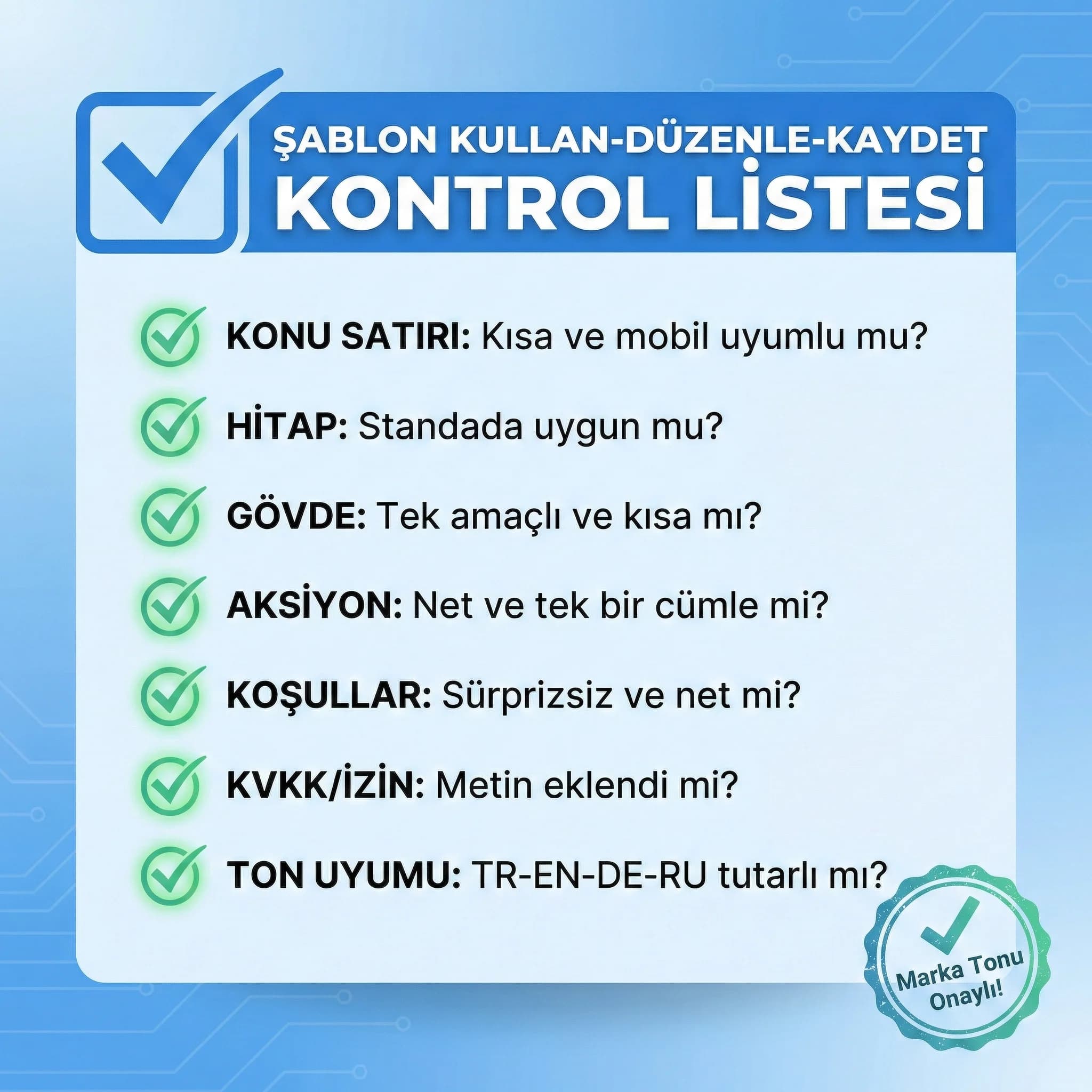 Şablon kontrol listesi, otel mesaj yönetiminde kullan-düzenle-kaydet yaklaşımı