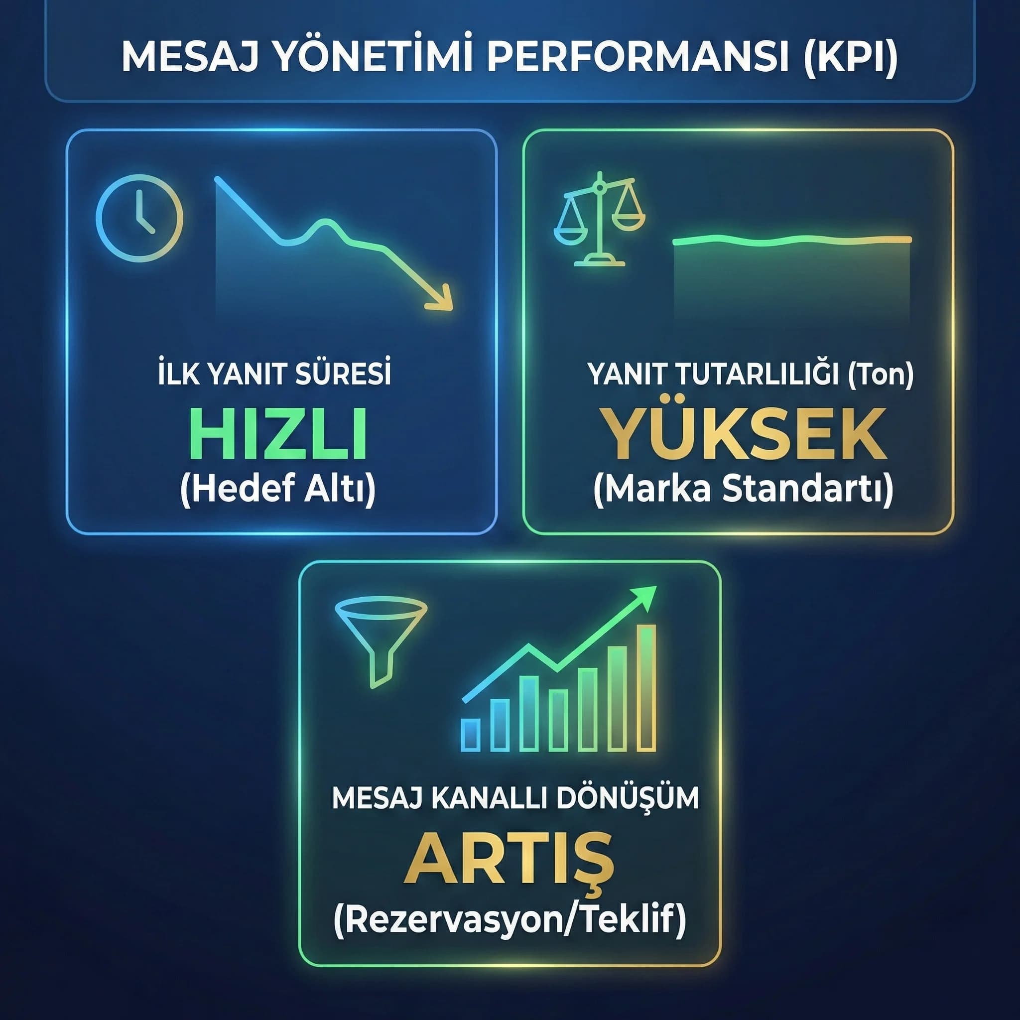 İlk yanıt süresi ve tutarlılık KPI paneli, otel mesaj ekipleri için