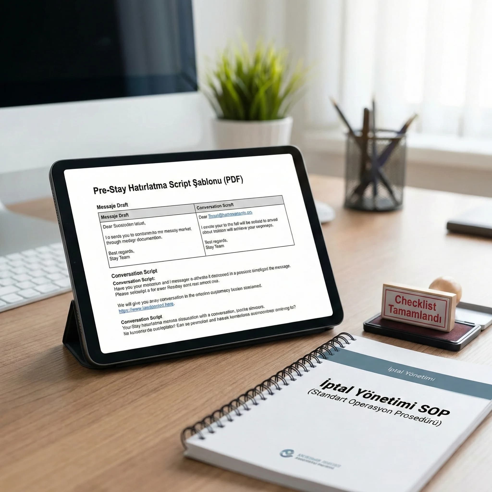Pre-stay script şablonu + SOP çıktıları
