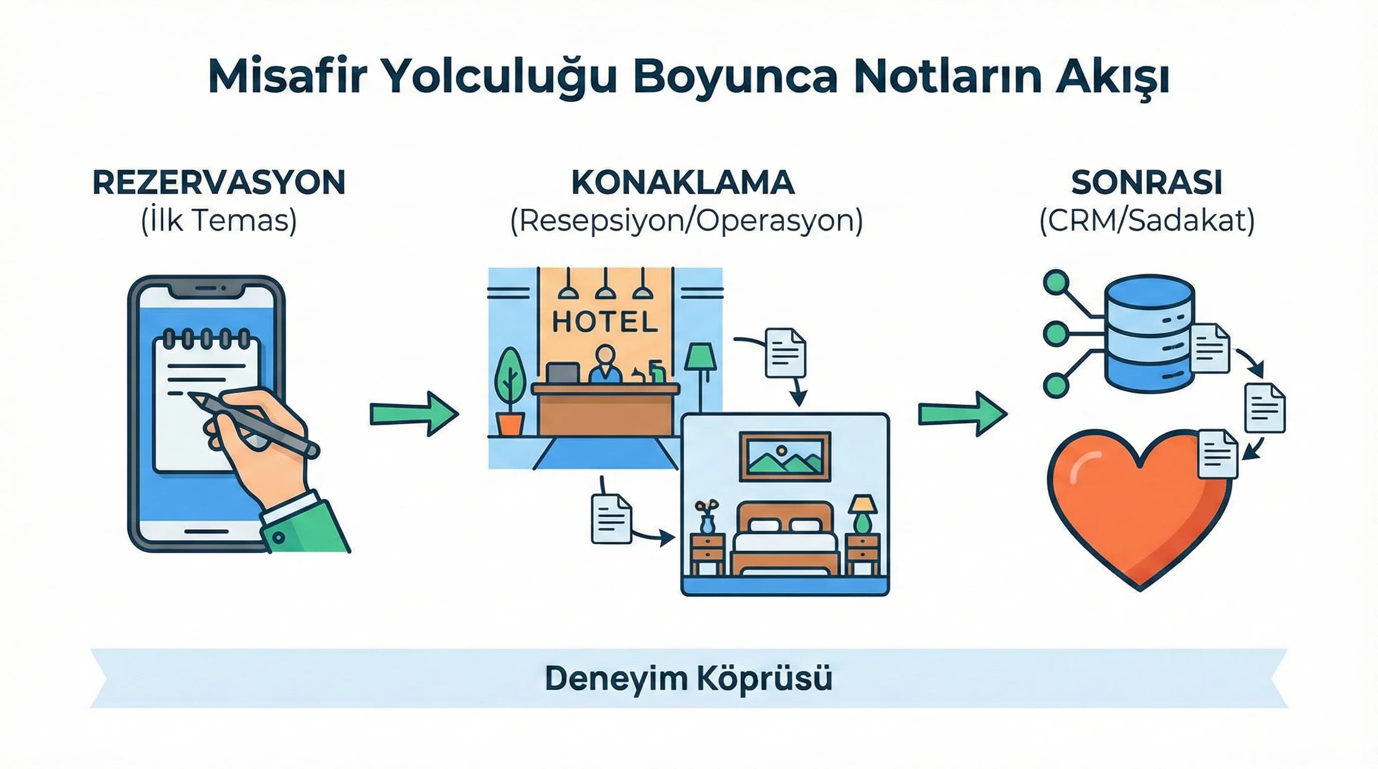 Misafir yolculuğu diyagramı (rezervasyon→konaklama→sonrası)