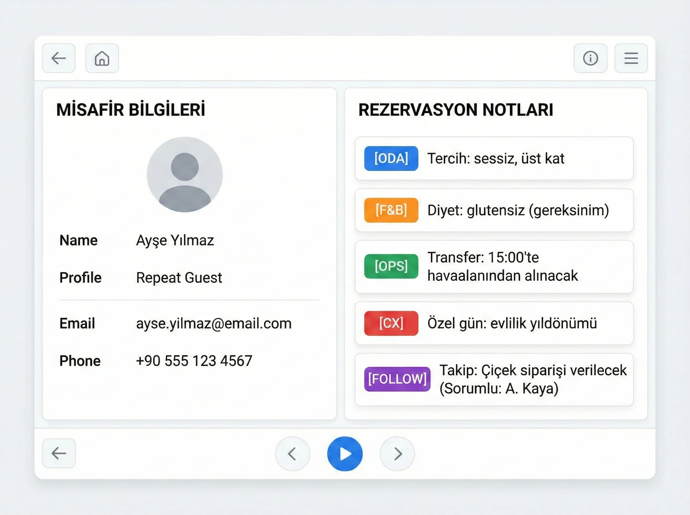 PMS not ekranı mockup (etiketli)