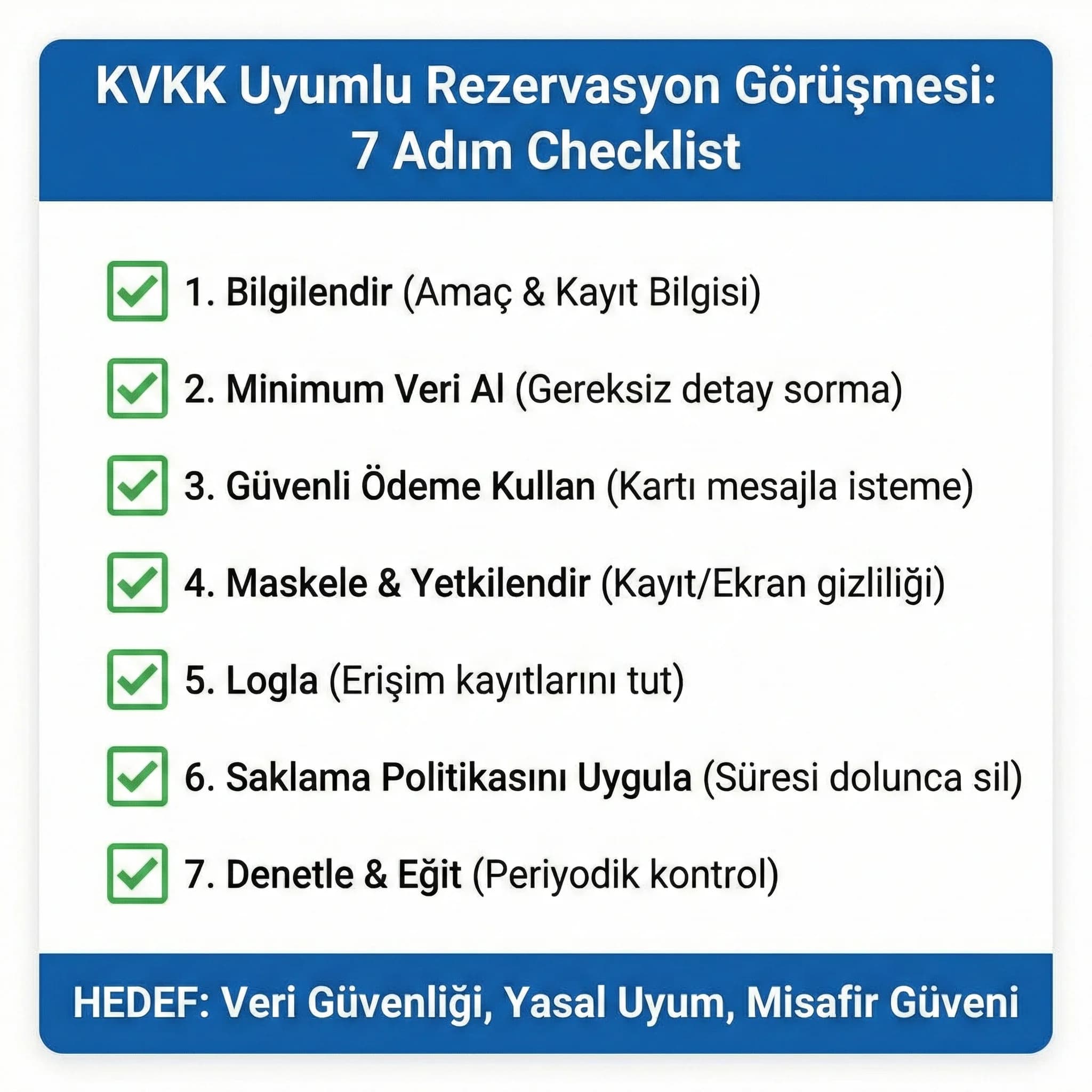 KVKK uyumlu görüşme 7 adım checklist kartı