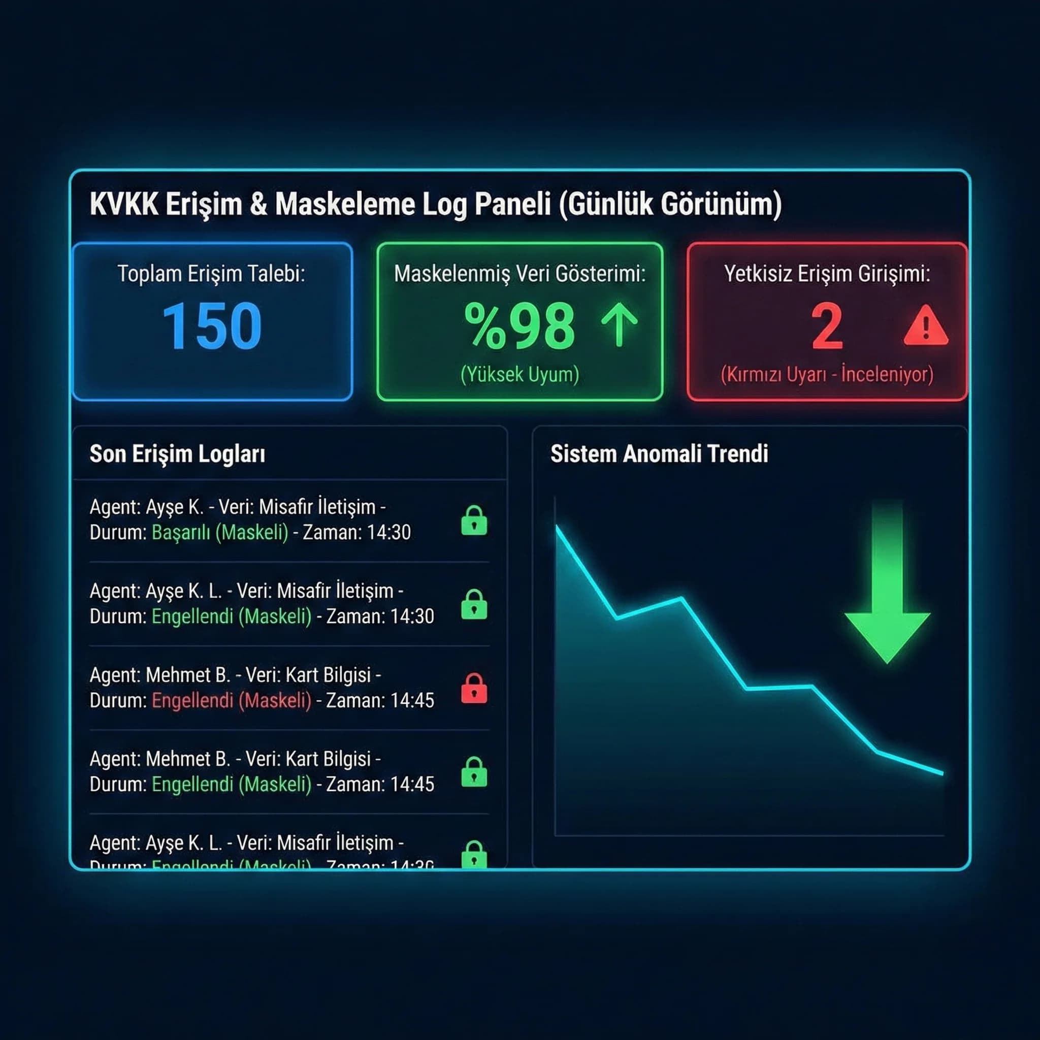 Maskeleme + erişim log ekranı mockup