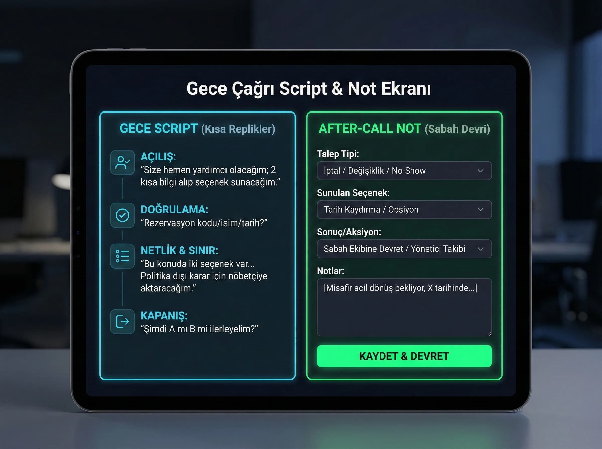 Gece script ekranı örnekleri ve not alanı otel rezervasyon hattı