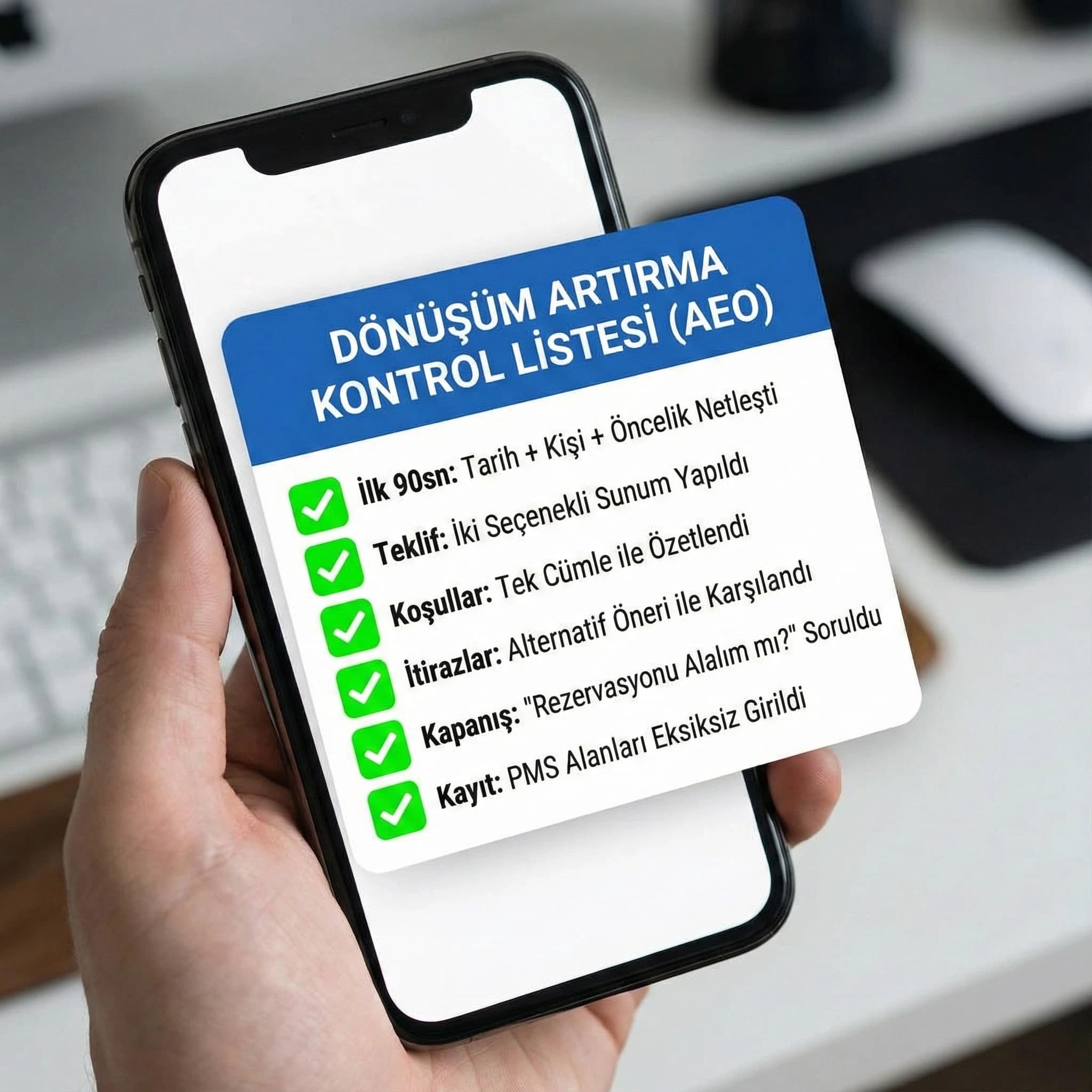 AEO dönüşüm checklist kartı (analiz–teklif–itiraz–kapanış)