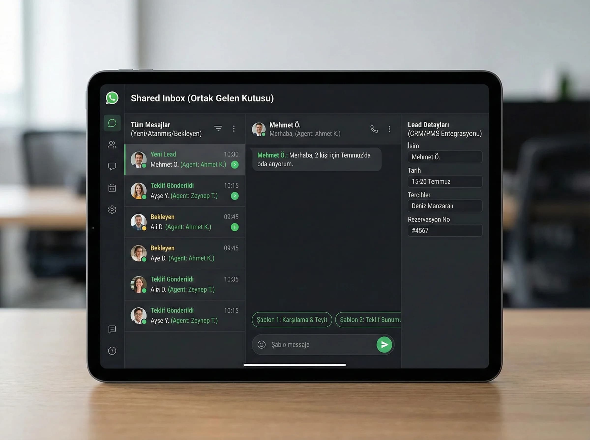 Shared inbox ekranı ve çok temsilcili otel rezervasyon mesaj yönetimi