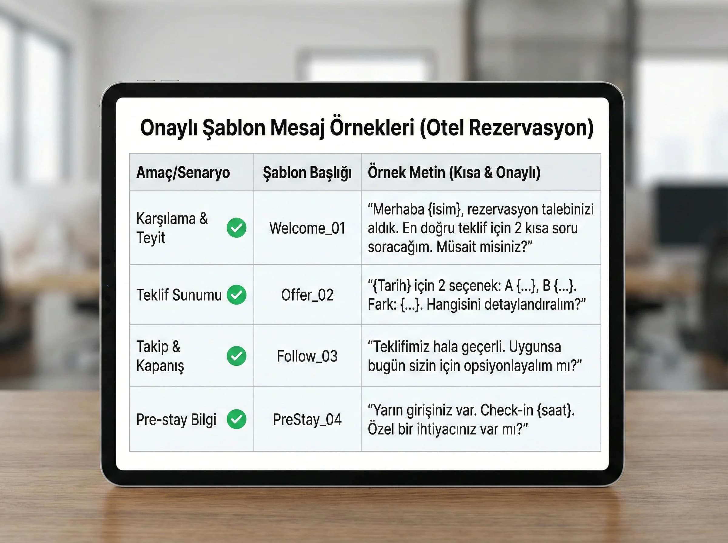 Şablon mesaj örnekleri tablosu ve kullanım senaryoları otel bağlamı