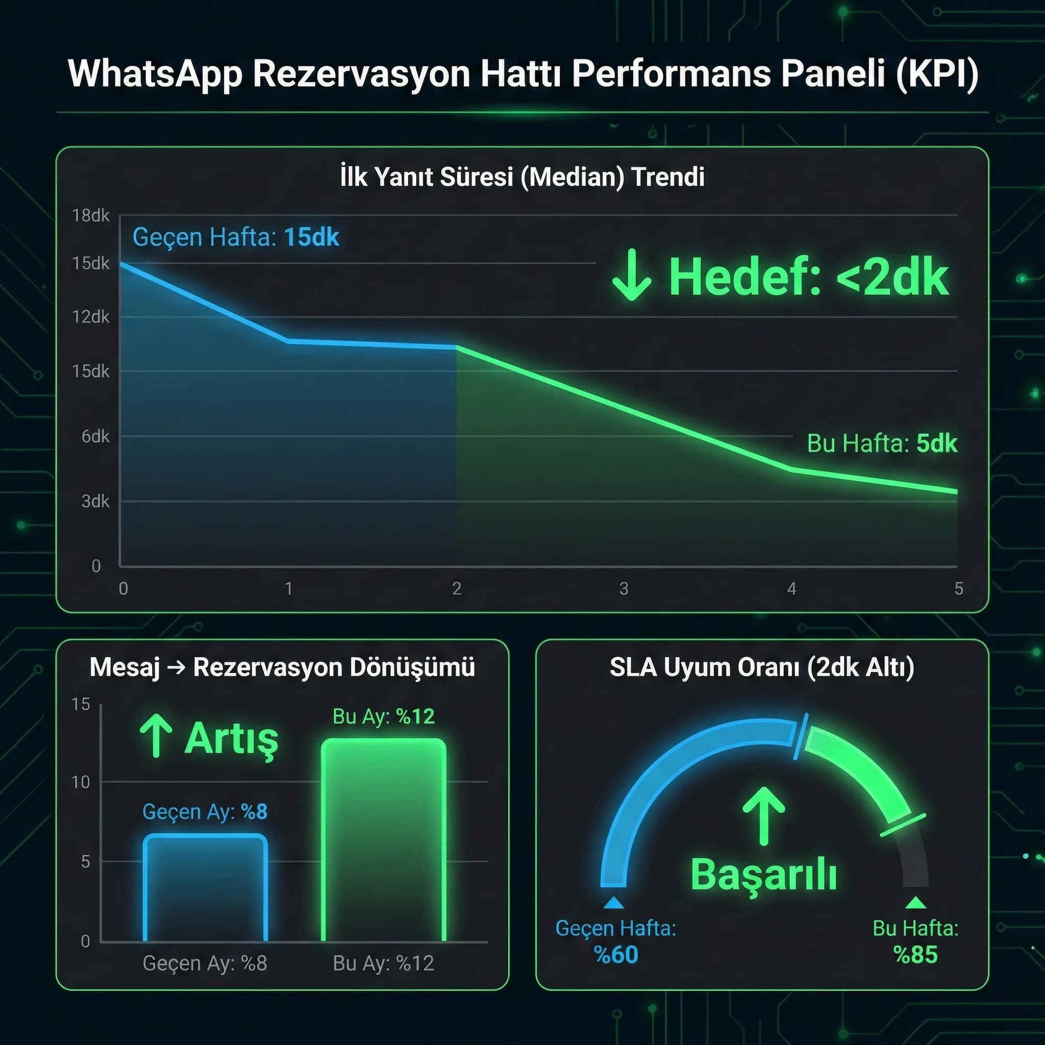Yanıt süresi ve mesajdan rezervasyona dönüşüm KPI grafiği