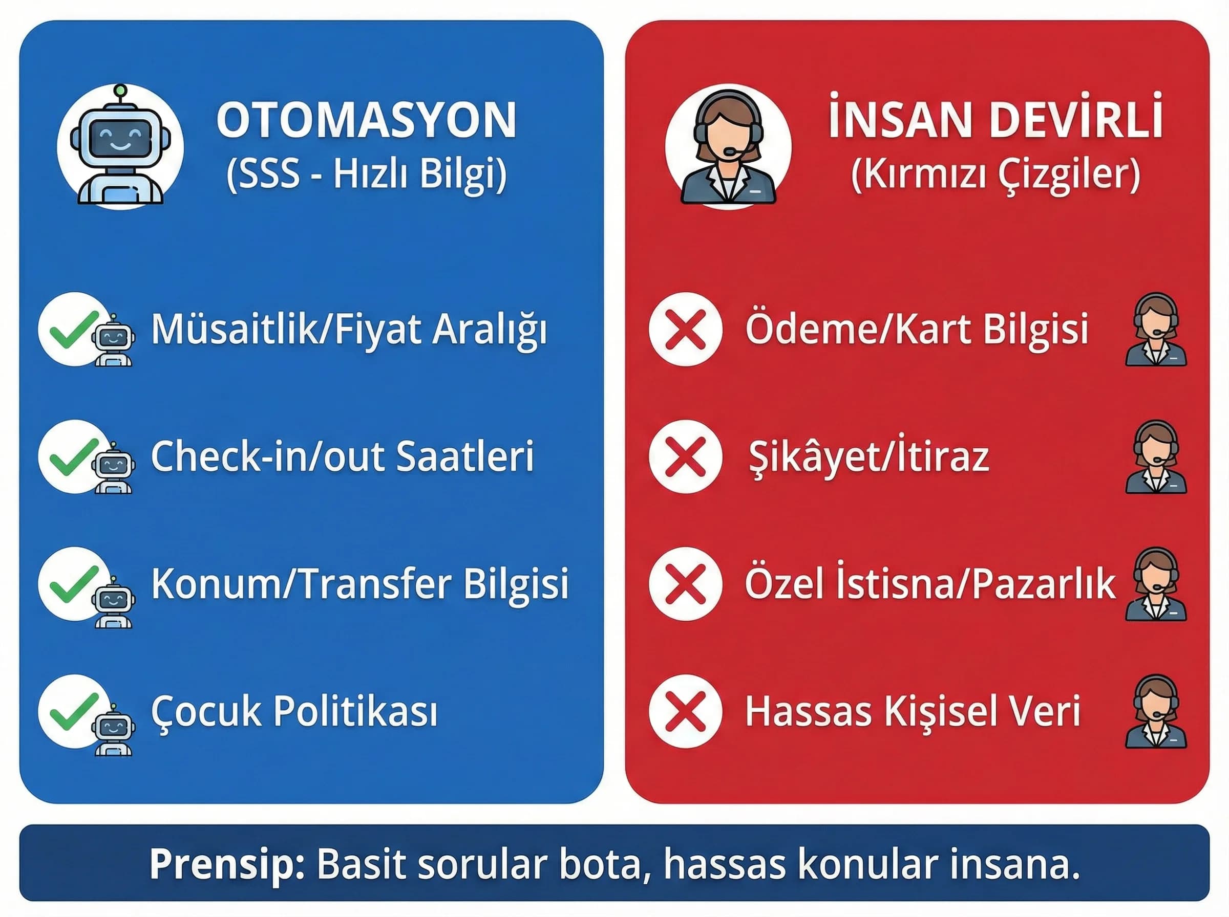 SSS otomasyonu ve kırmızı çizgiler + otel bağlamı