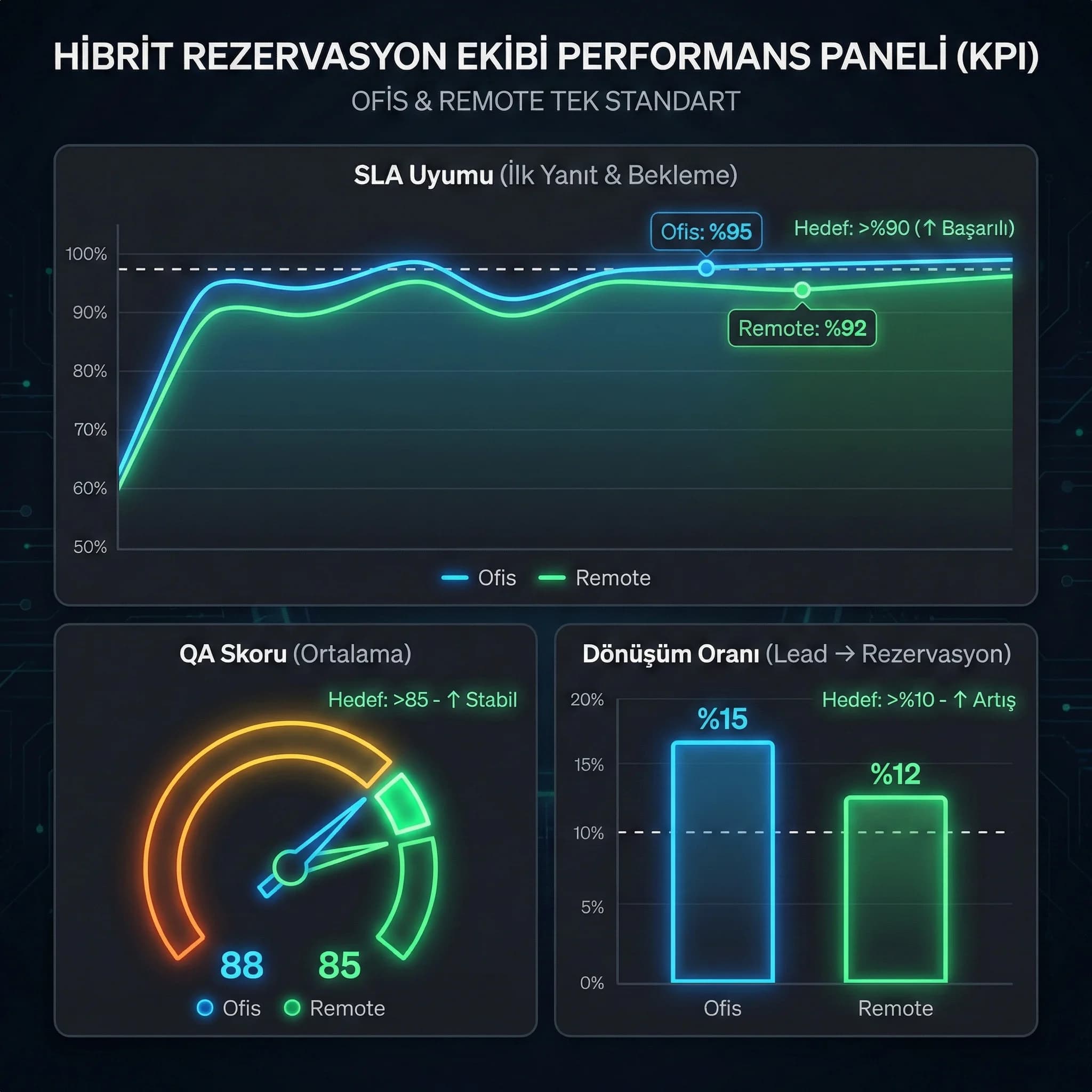 Hibrit model KPI paneli (SLA QA dönüşüm yönlü) + otel bağlamı