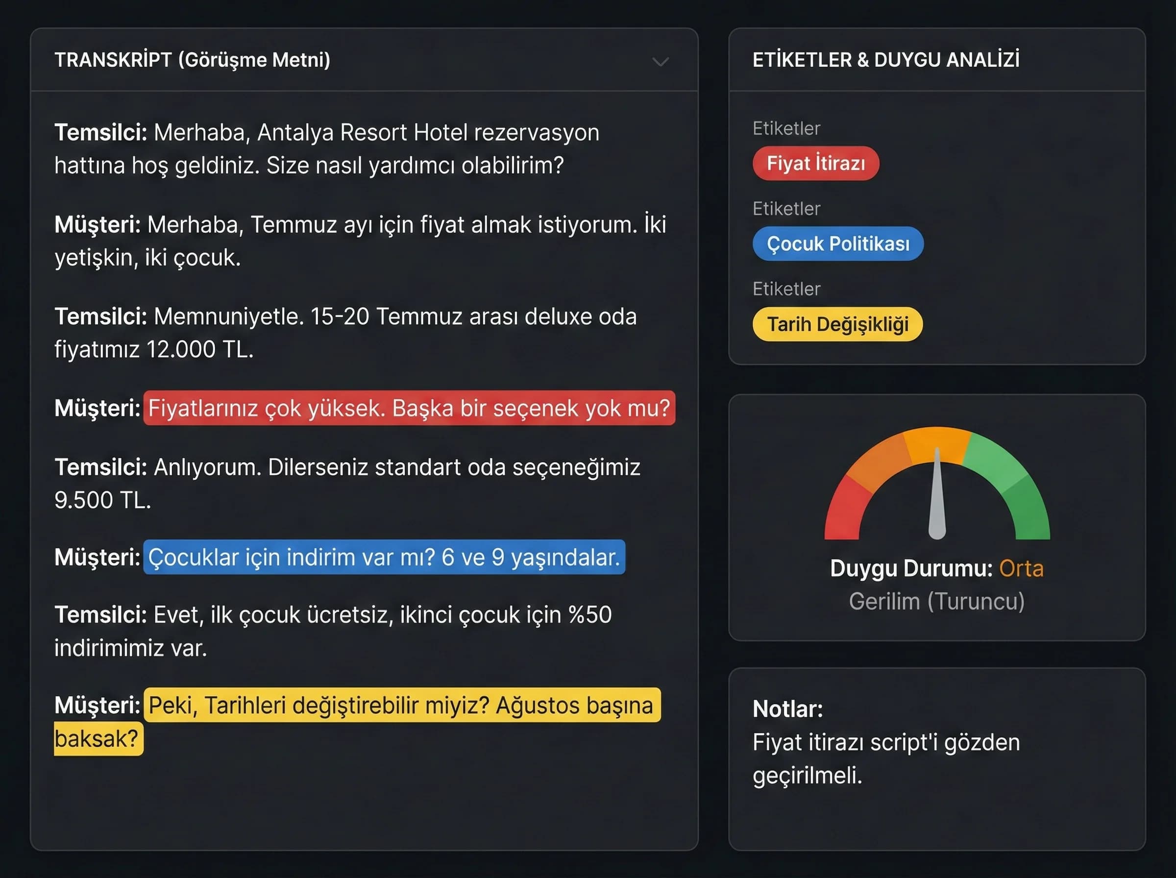 Transkript üzerinde etiketleme ekranı örneği otel rezervasyon görüşmesi