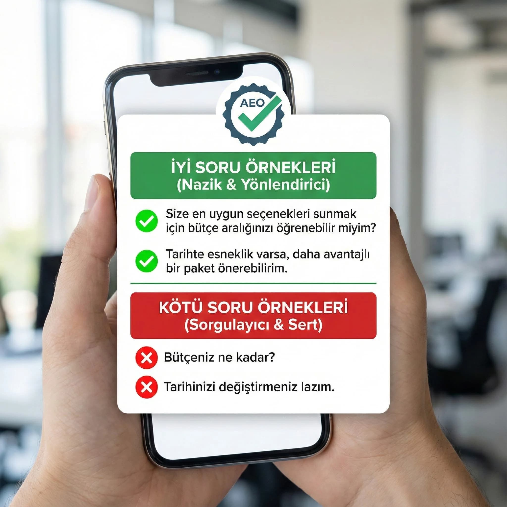 AEO checklist + iyi/kötü soru örnekleri kartı