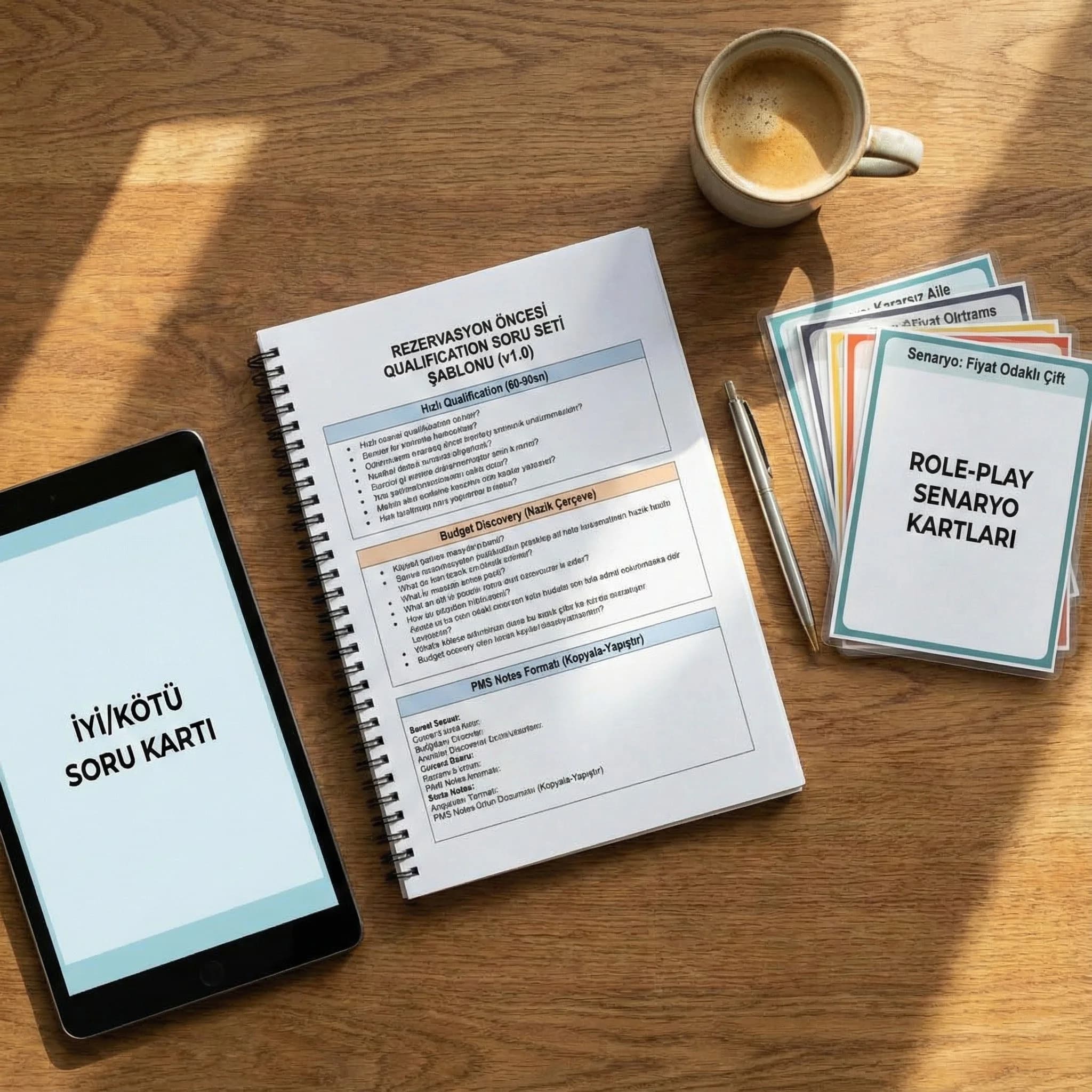 Soru seti şablonu + PMS not standardı + role-play materyali
