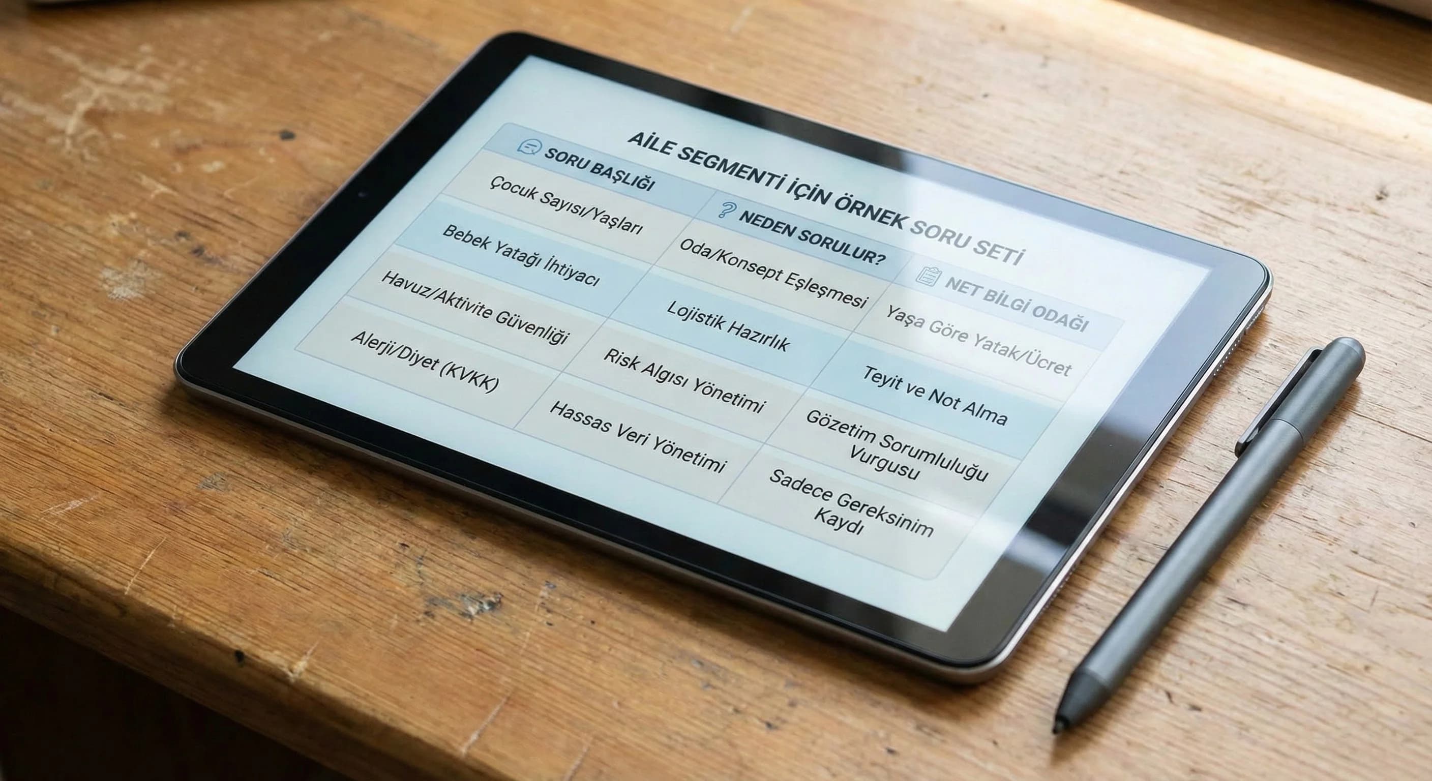 Aile segmenti soru seti + güvenlik bilgisi