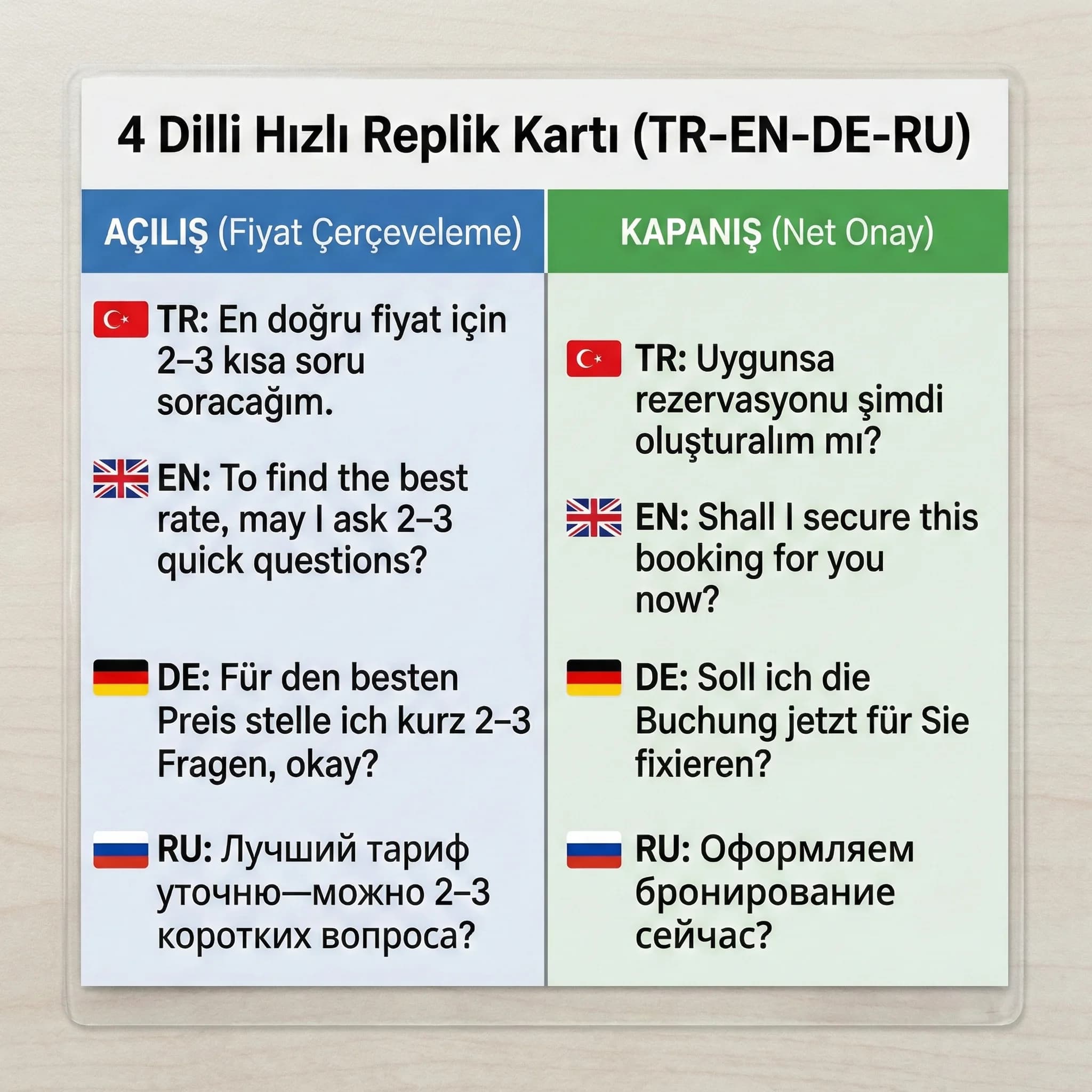 4 dilde açılış/kapanış replik kartı