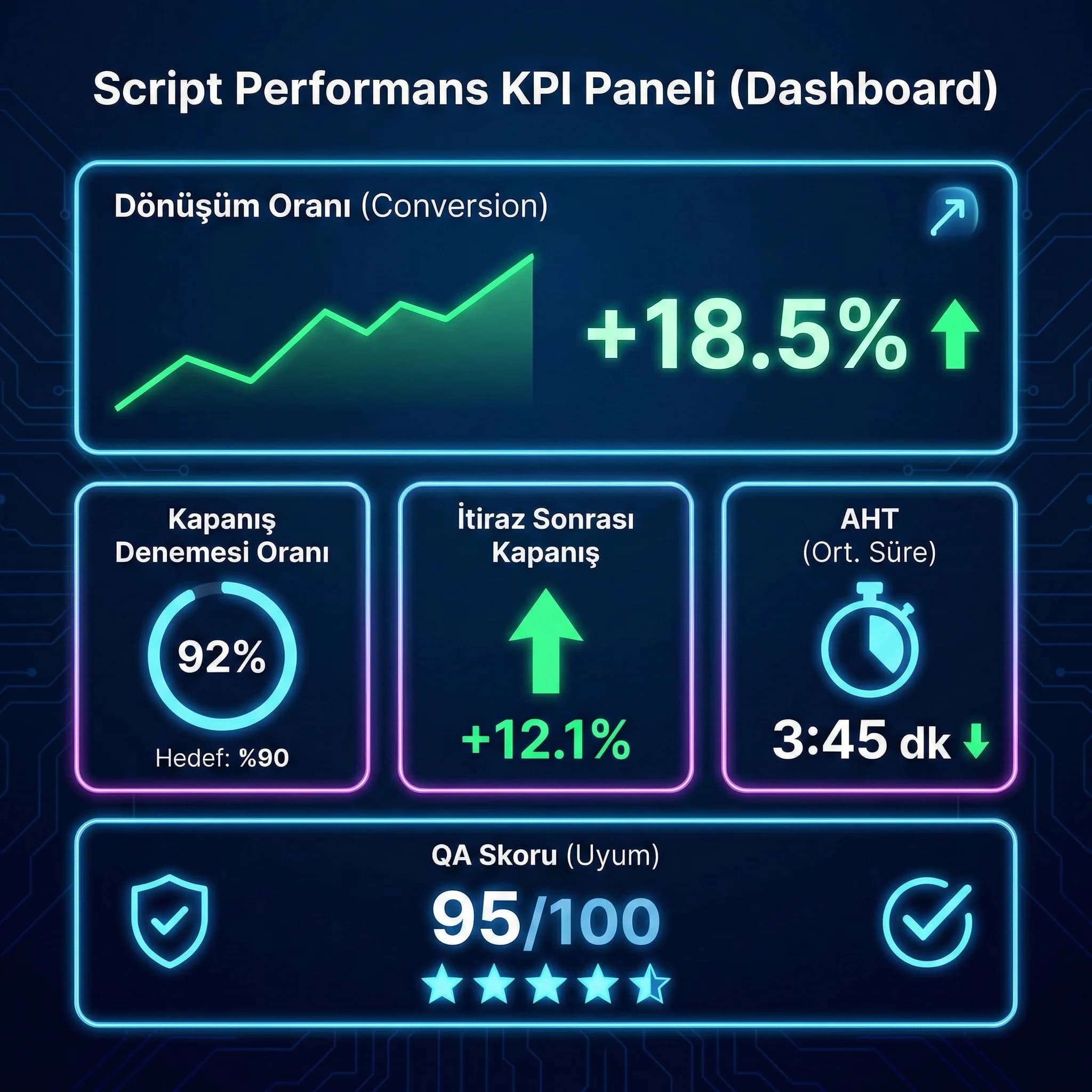 KPI paneli (dönüşüm, close, itiraz sonrası close, AHT, QA)