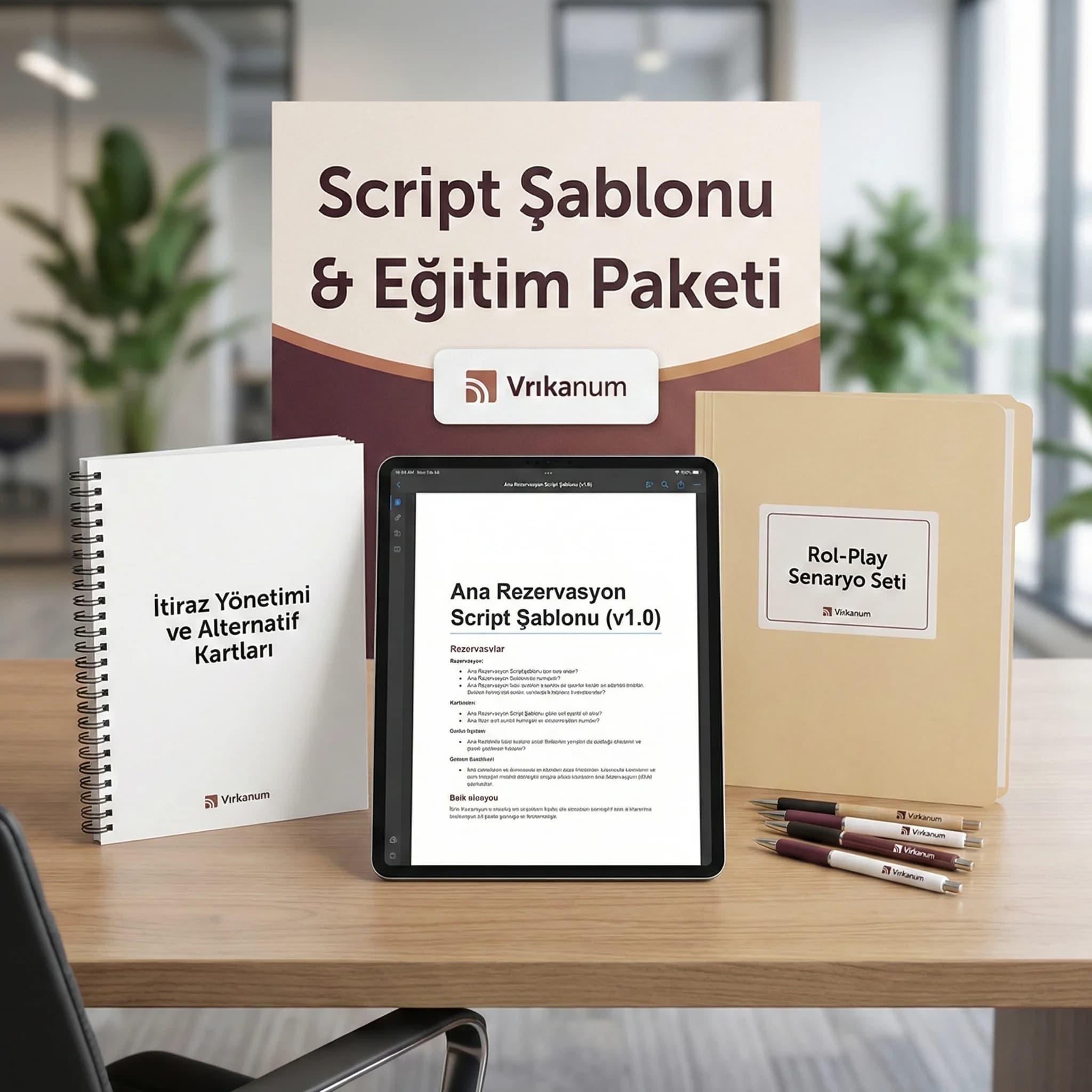 Script şablonu + itiraz kartları + rol-play paketi