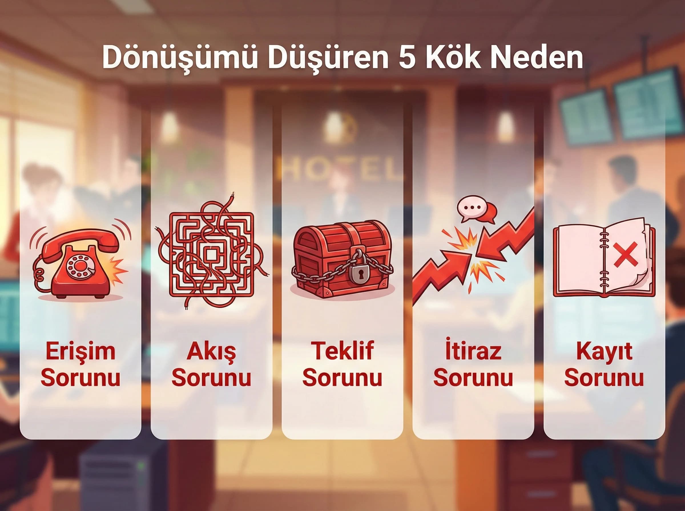 Dönüşümü düşüren tipik sorunlar (5 grup) + otel bağlamı