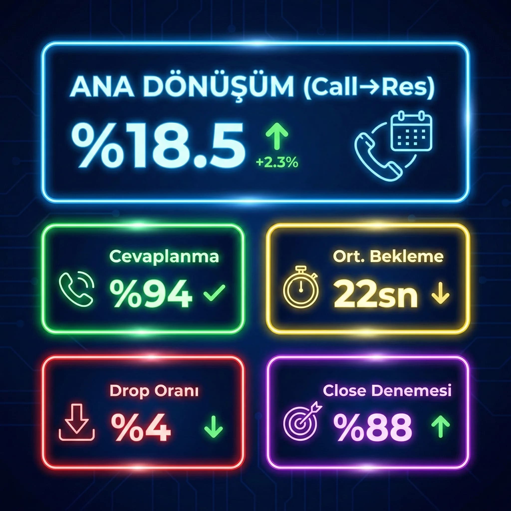 KPI seti: cevaplanma/bekleme/drop/close/dönüşüm