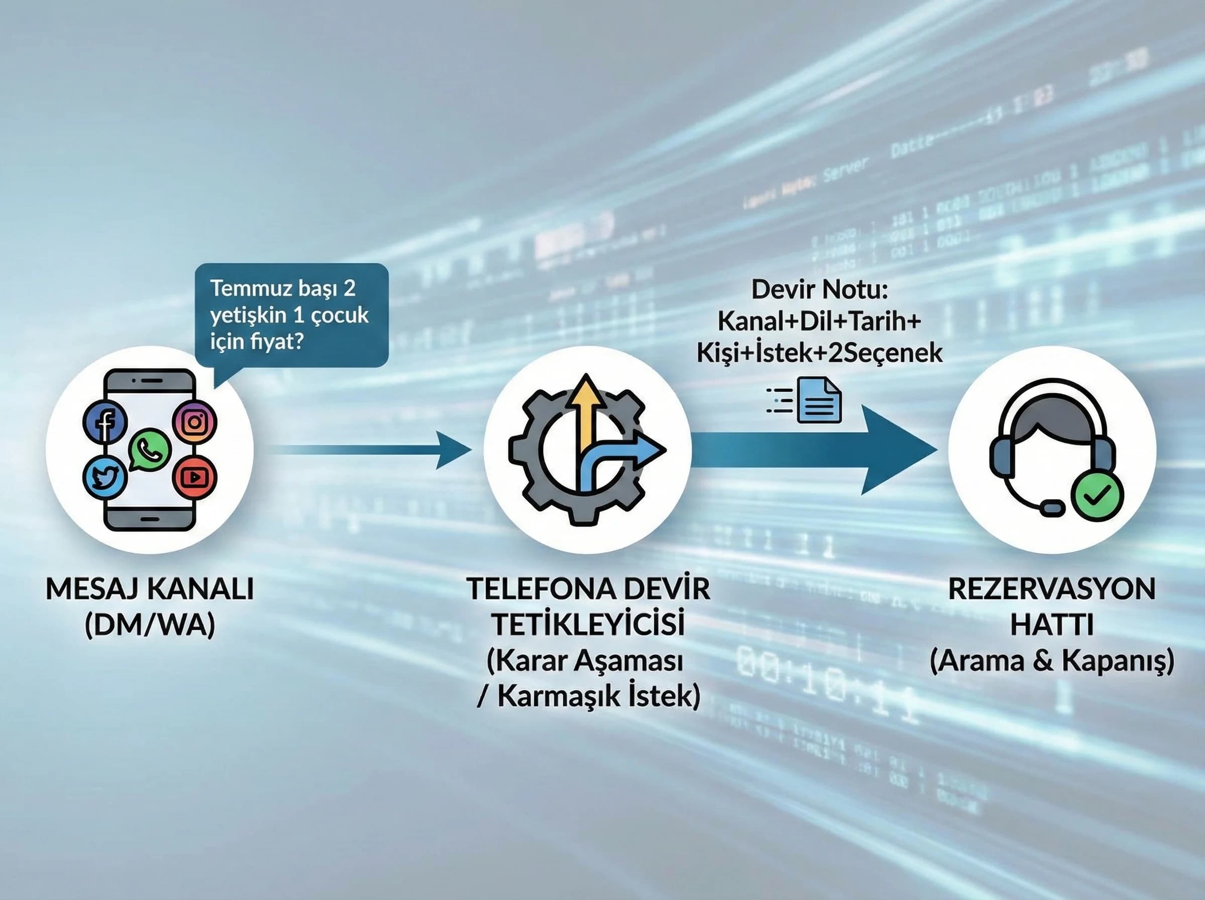 Mesajdan telefona devir ve kapanış sürecini ayıran otel bölüm görseli