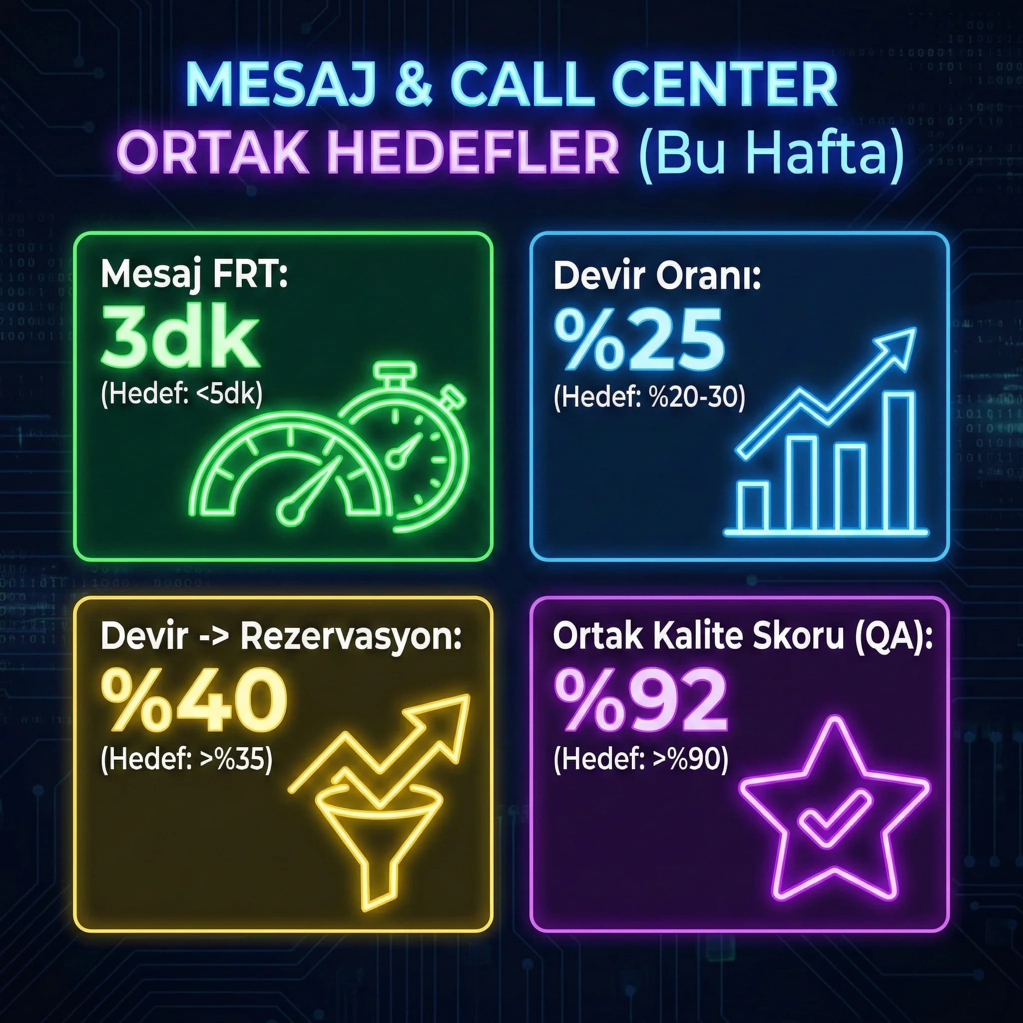 Mesaj ve çağrı merkezi ortak KPI panelini gösteren otel skor kartı