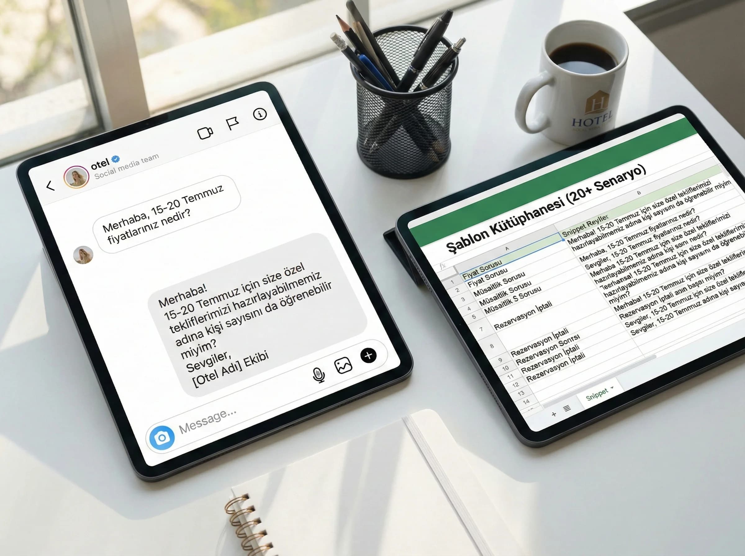 Instagram DM mesaj şablonu tablosuna geçişi ayıran otel bölüm görseli
