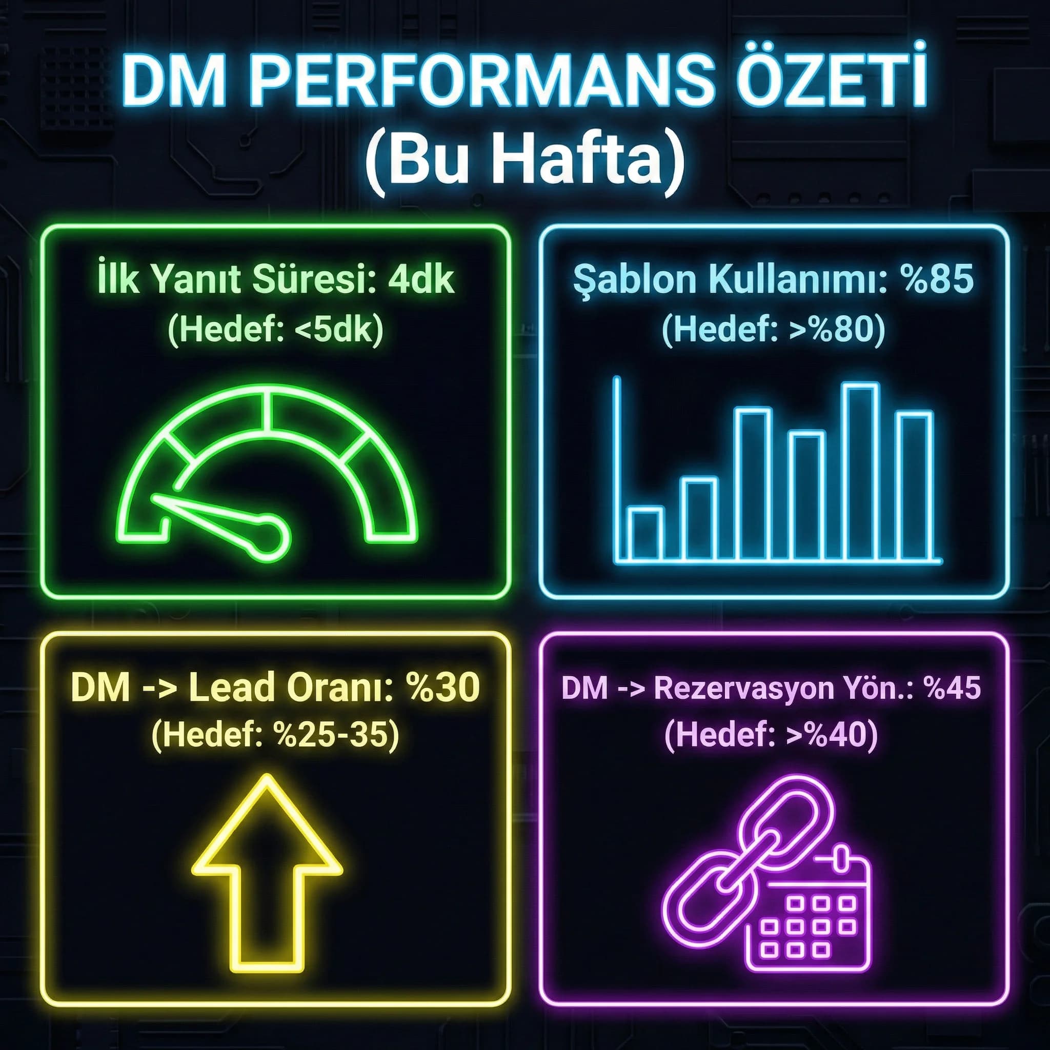 Instagram DM performansı ilk yanıt süresi ve şablon kullanım KPI kartı otel görseli