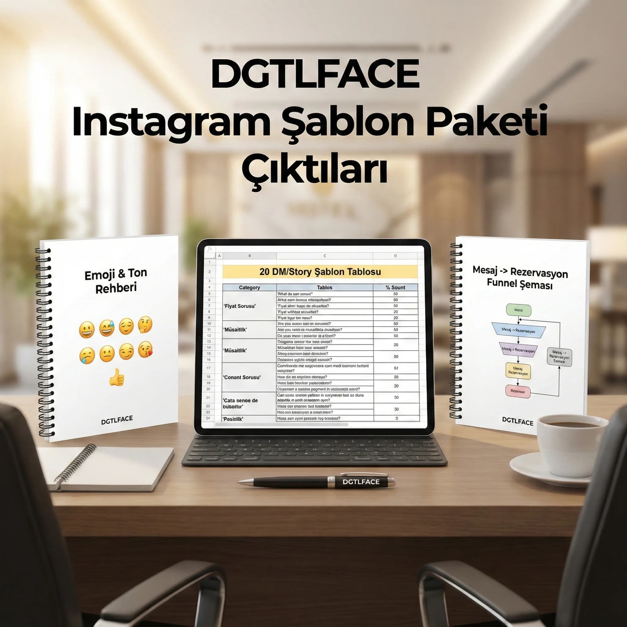 Instagram DM yanıt şablon paketi ve emoji rehberi çıktıları kanıt kartı otel görseli