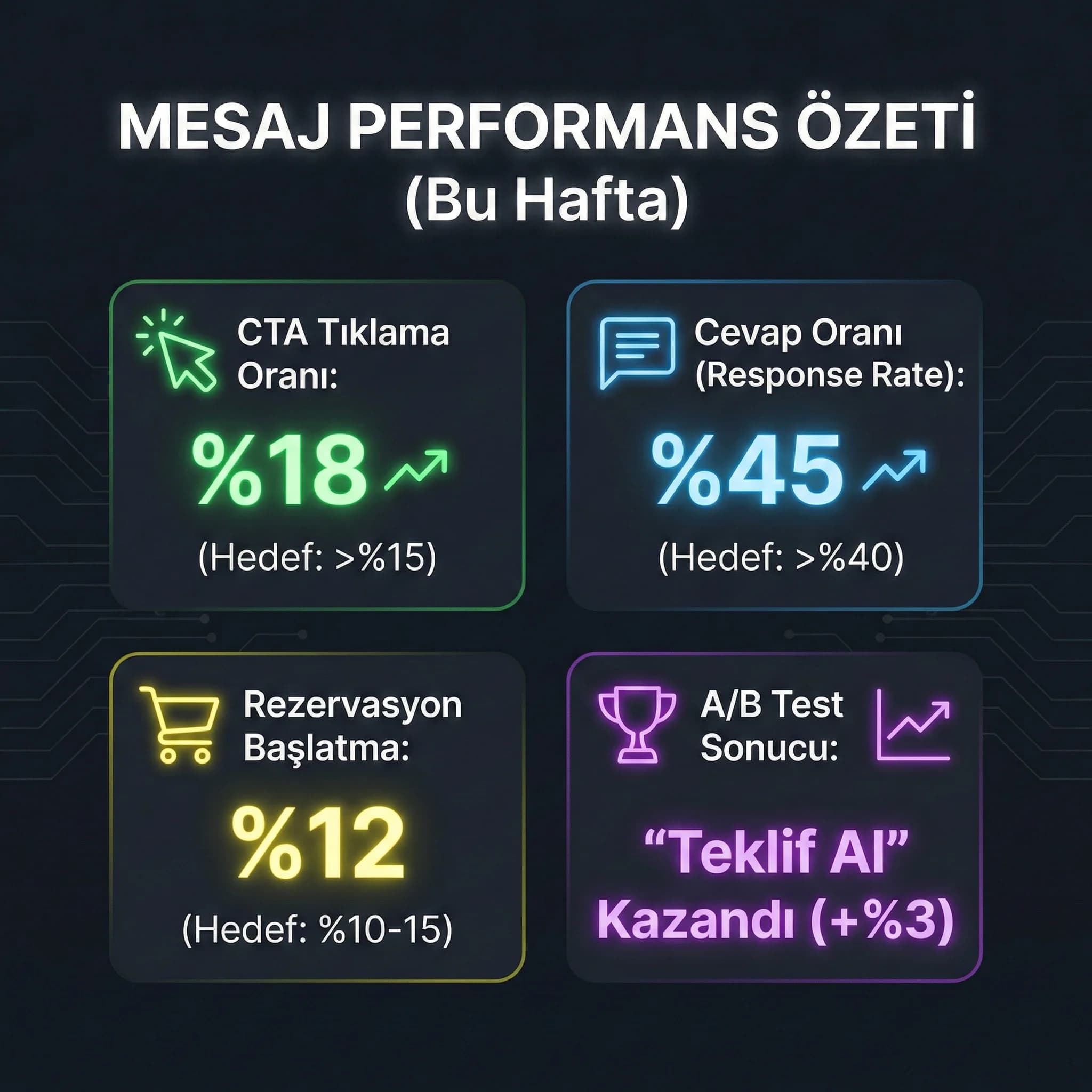 WhatsApp web chat CTA tıklama ve cevap oranı KPI kartı otel görseli