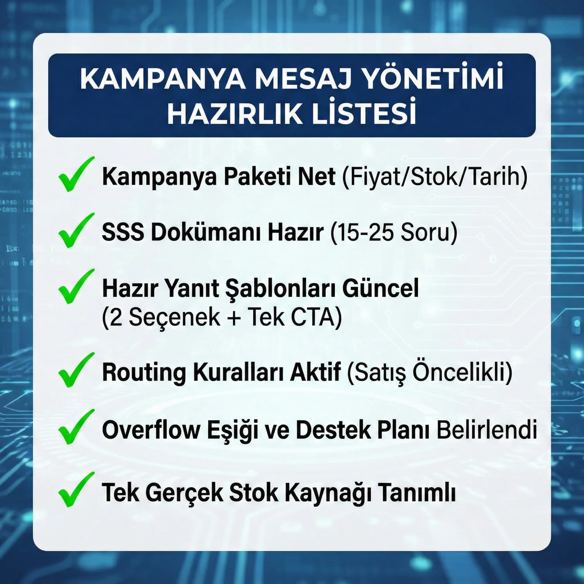 Kampanya dönemi mesaj yönetimi hazırlık checklist kartı otel görseli