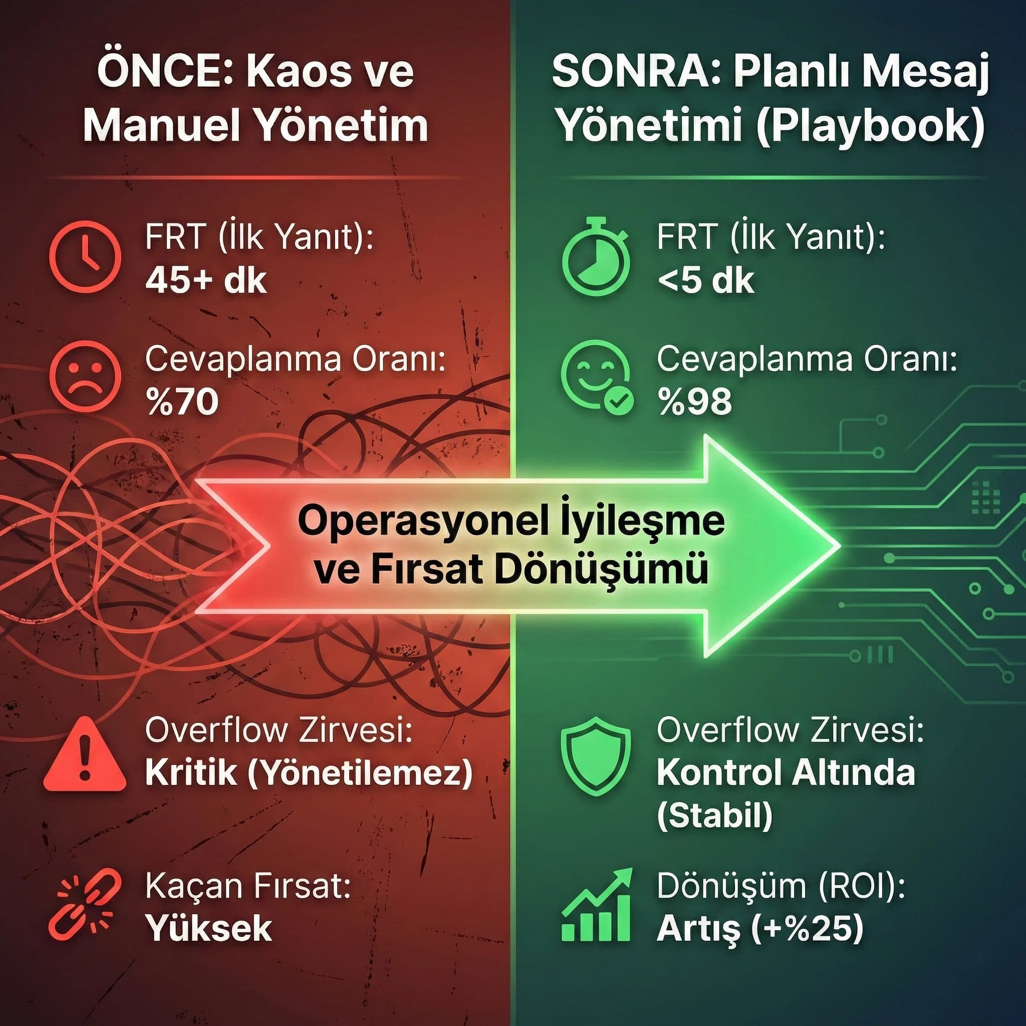 Kampanya öncesi sonrası mesaj performans KPI karşılaştırma otel kartı