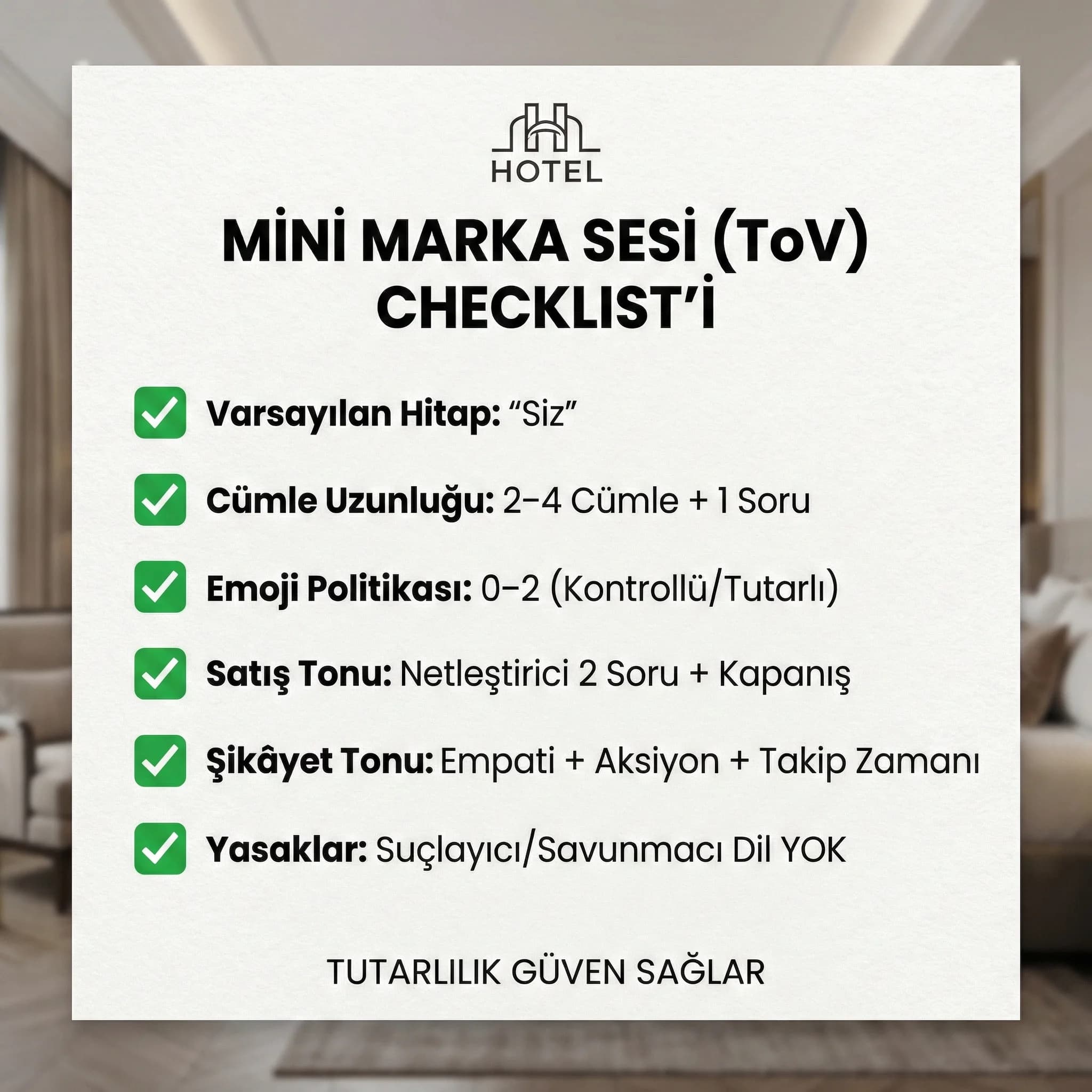 Otel tone of voice mini marka sesi checklist kartı görseli