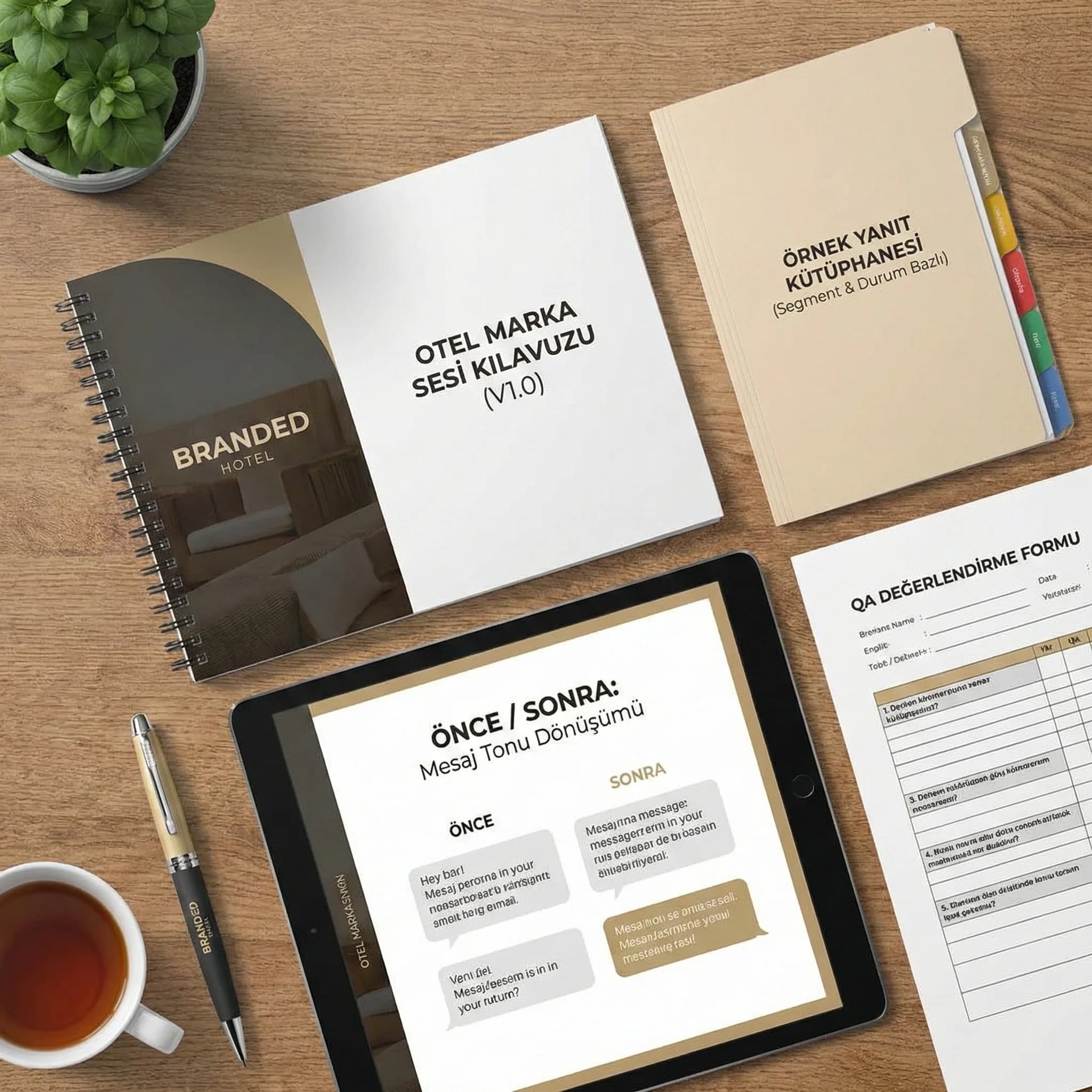 Tone of voice kılavuz şablonu ve örnek yanıt kütüphanesi kanıt kartı otel görseli