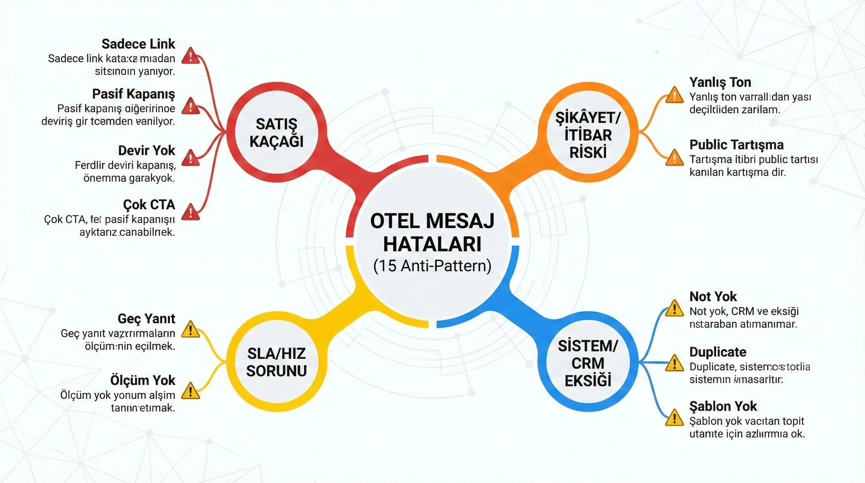DM WhatsApp mesaj hatalarını satış şikâyet SLA CRM olarak sınıflandıran görsel