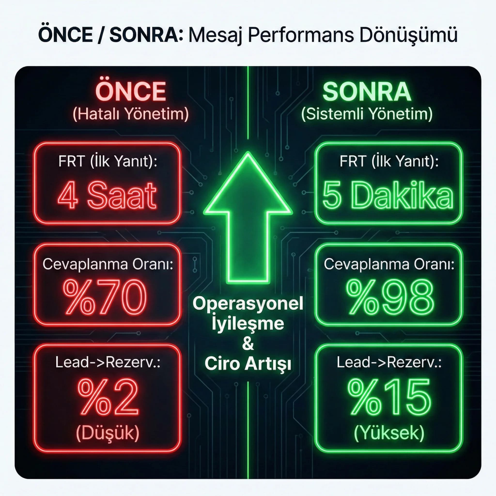 Mesaj cevap süresi dönüşüm ve şikâyet KPI’larını gösteren otel skor kartı