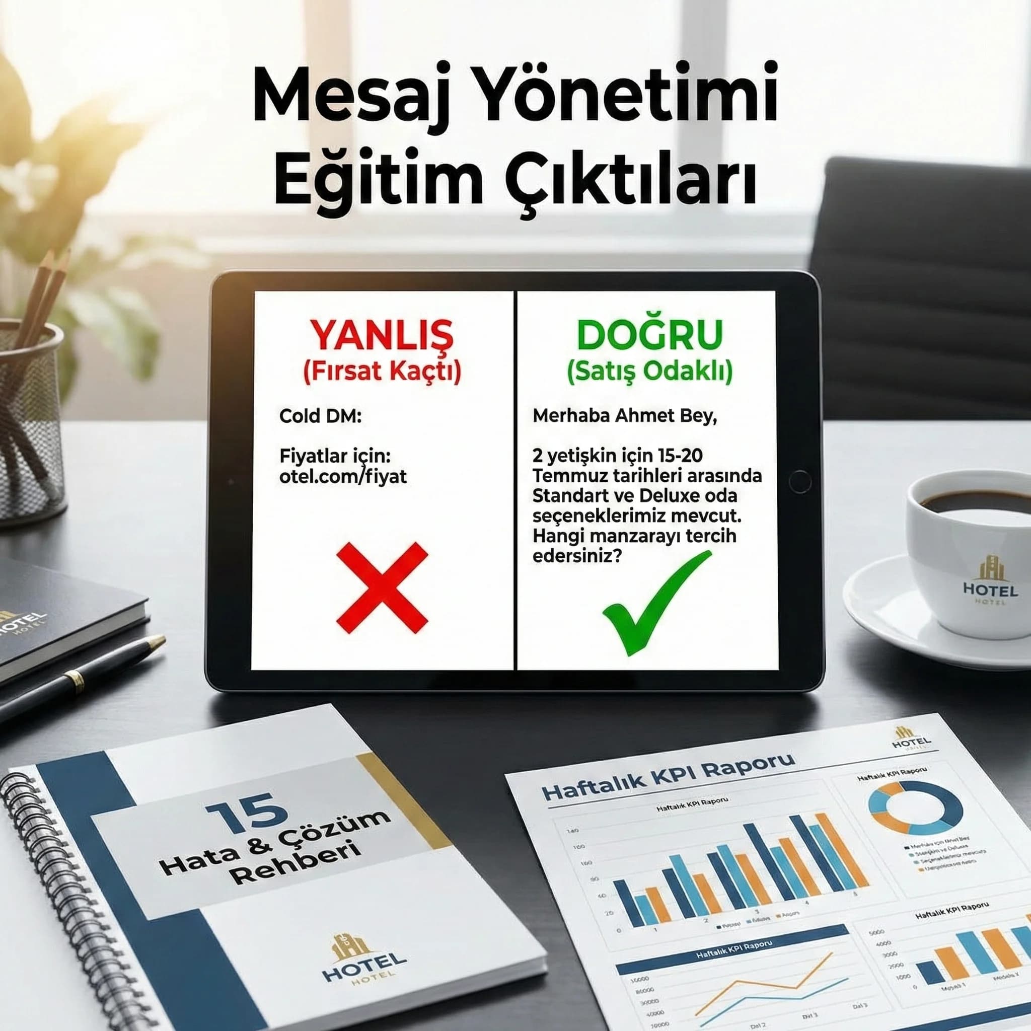 Yanlış ve doğru mesaj örnek ekranlarıyla eğitim çıktısı kanıt kartı otel görseli