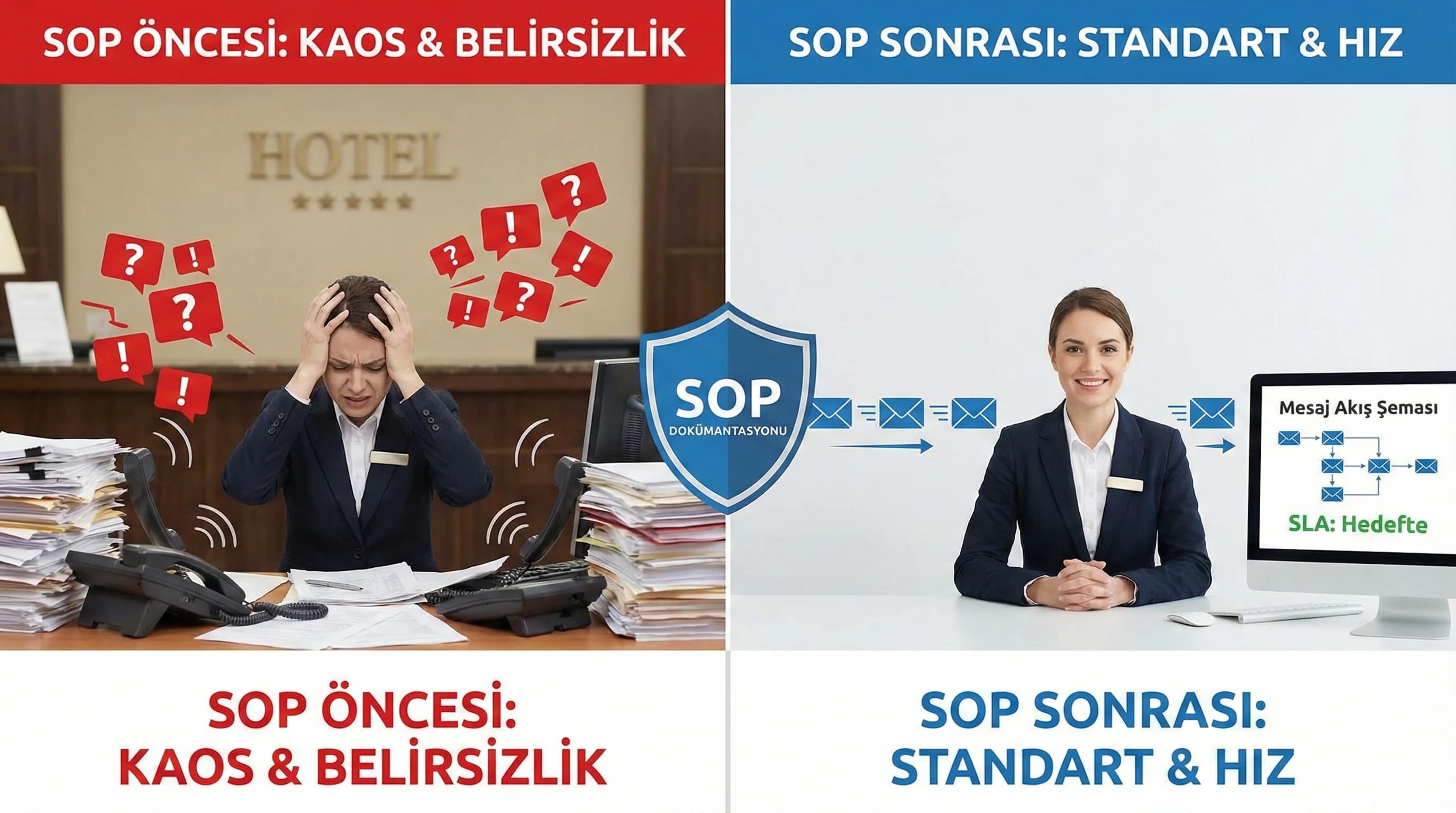 DM WhatsApp web chat OTA mesaj süreçlerinin SOP ile standardize edilmesini gösteren görsel