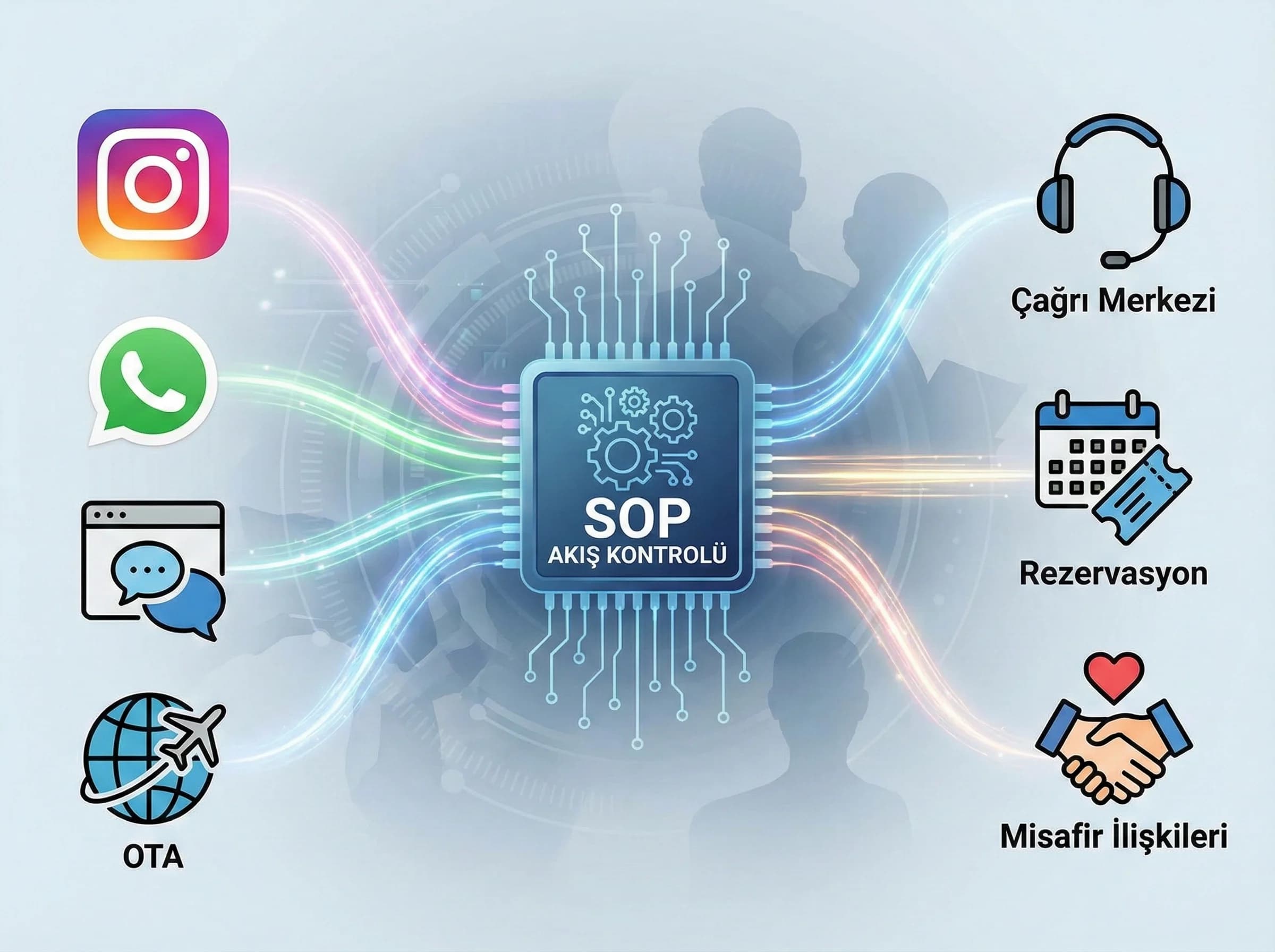 Kanal bazlı iş akışları ve devir escalation adımlarını ayıran otel görseli