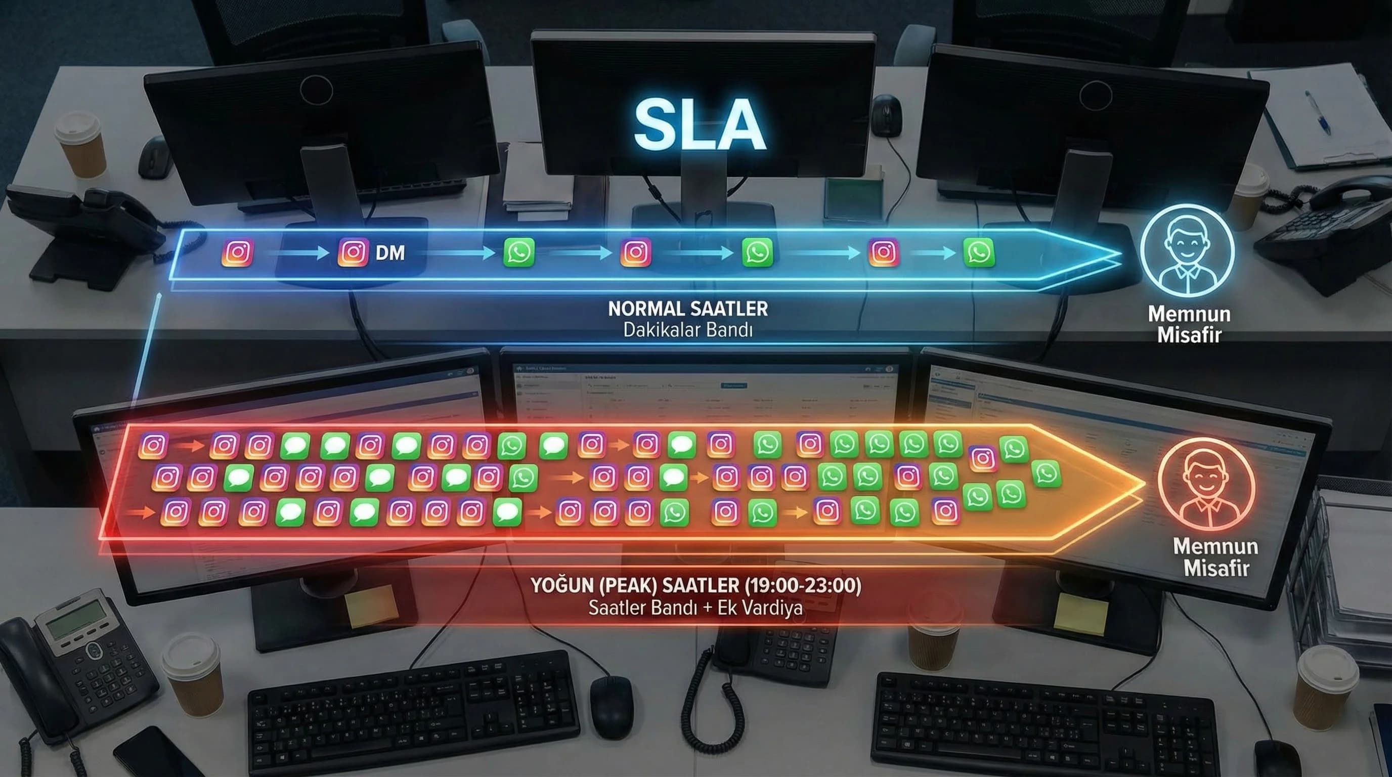 DM ve WhatsApp cevap süresi katmanlarını açıklayan otel operasyon görseli