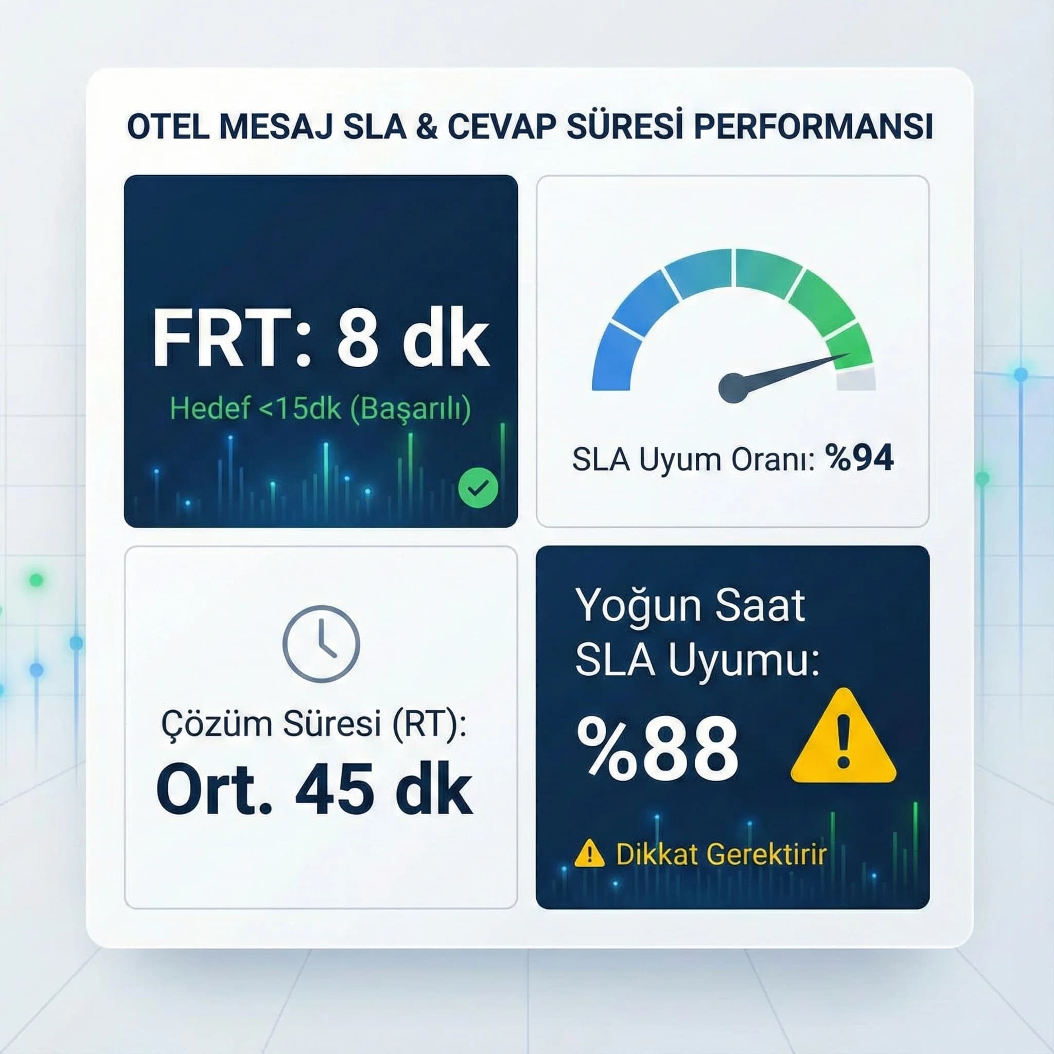 Otel mesaj cevap süresi ve SLA uyum KPI paneli skor kartı
