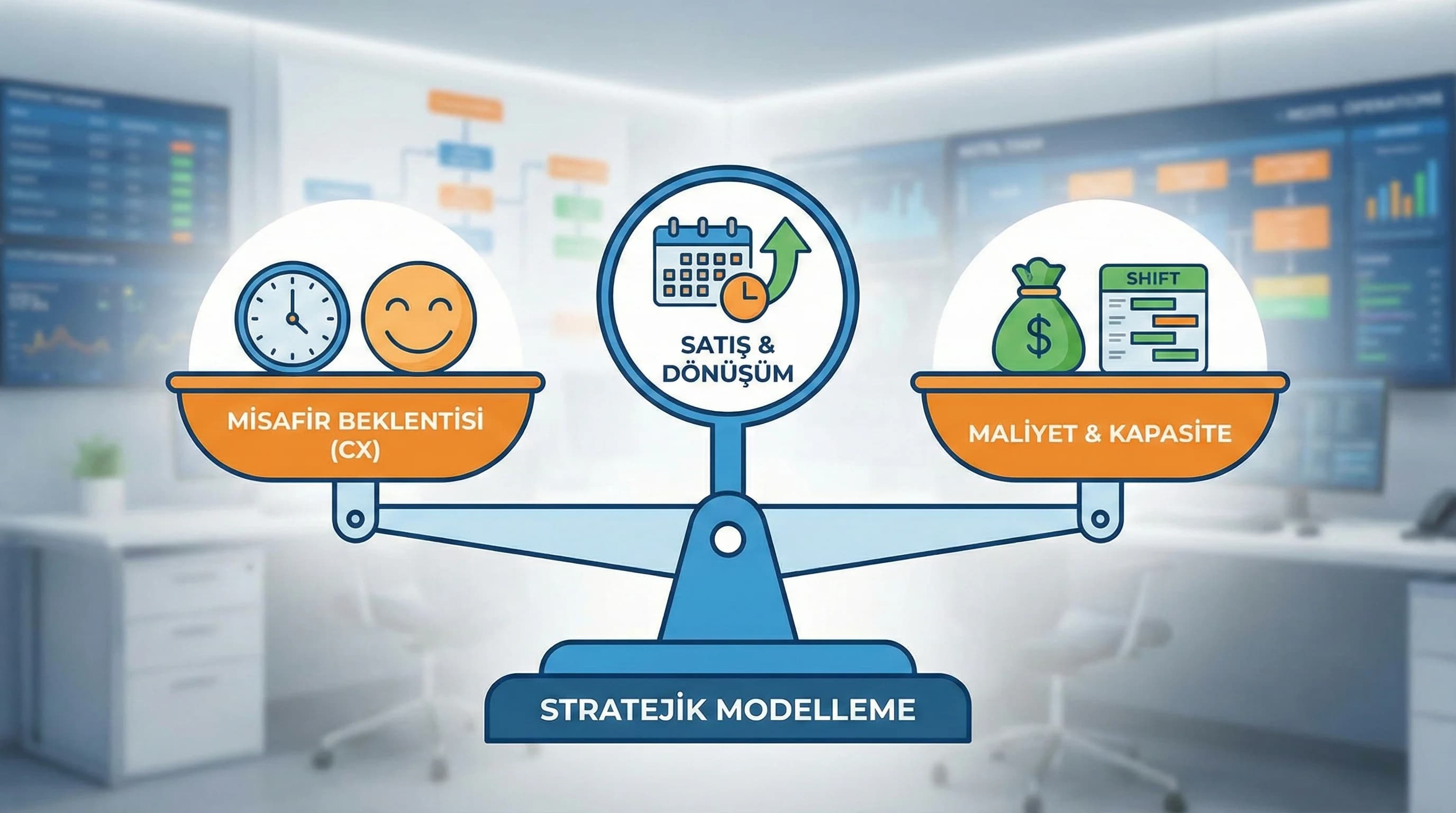 Marka otel kanal katmanlarıyla mesaj akışını gösteren multi otel görseli