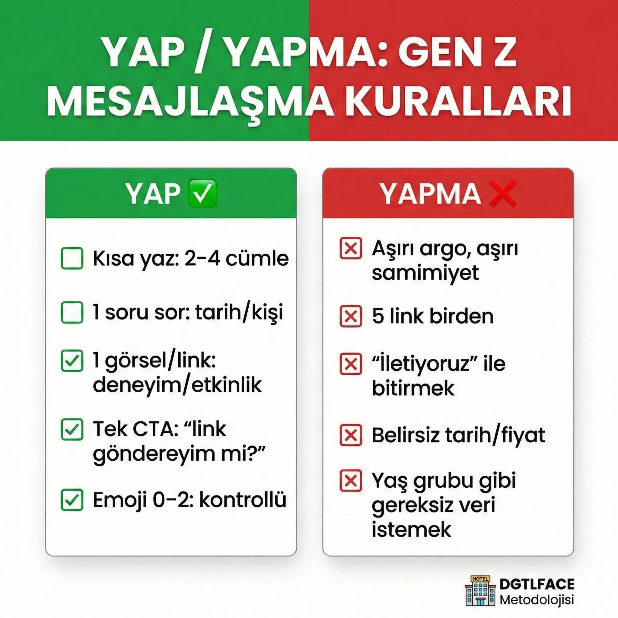 Genç kitle için DM WhatsApp yap yapma checklist kartı otel görseli