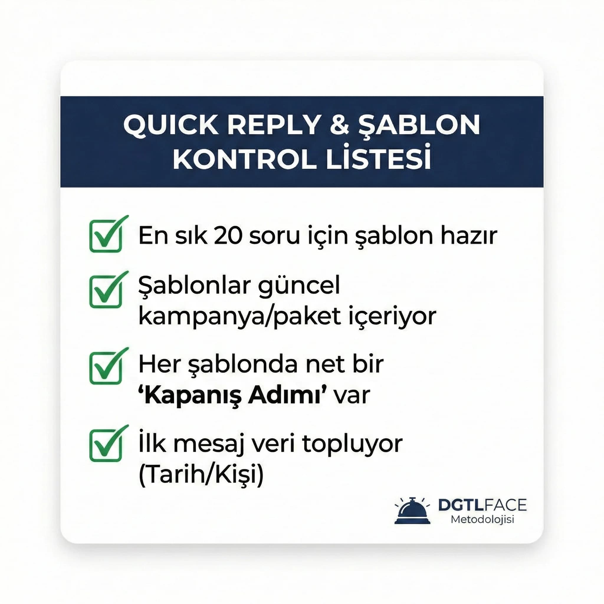 Quick reply ve saved reply seti kurulum checklist kartı otel görseli