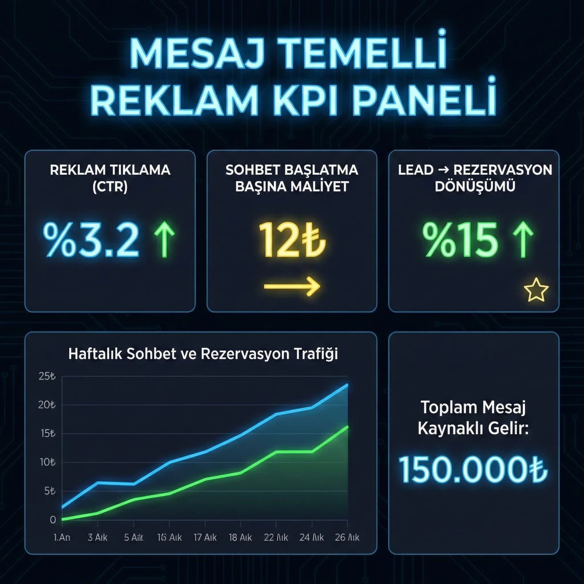 Click to WhatsApp kampanyası sohbet ve rezervasyon dönüşüm KPI paneli kartı
