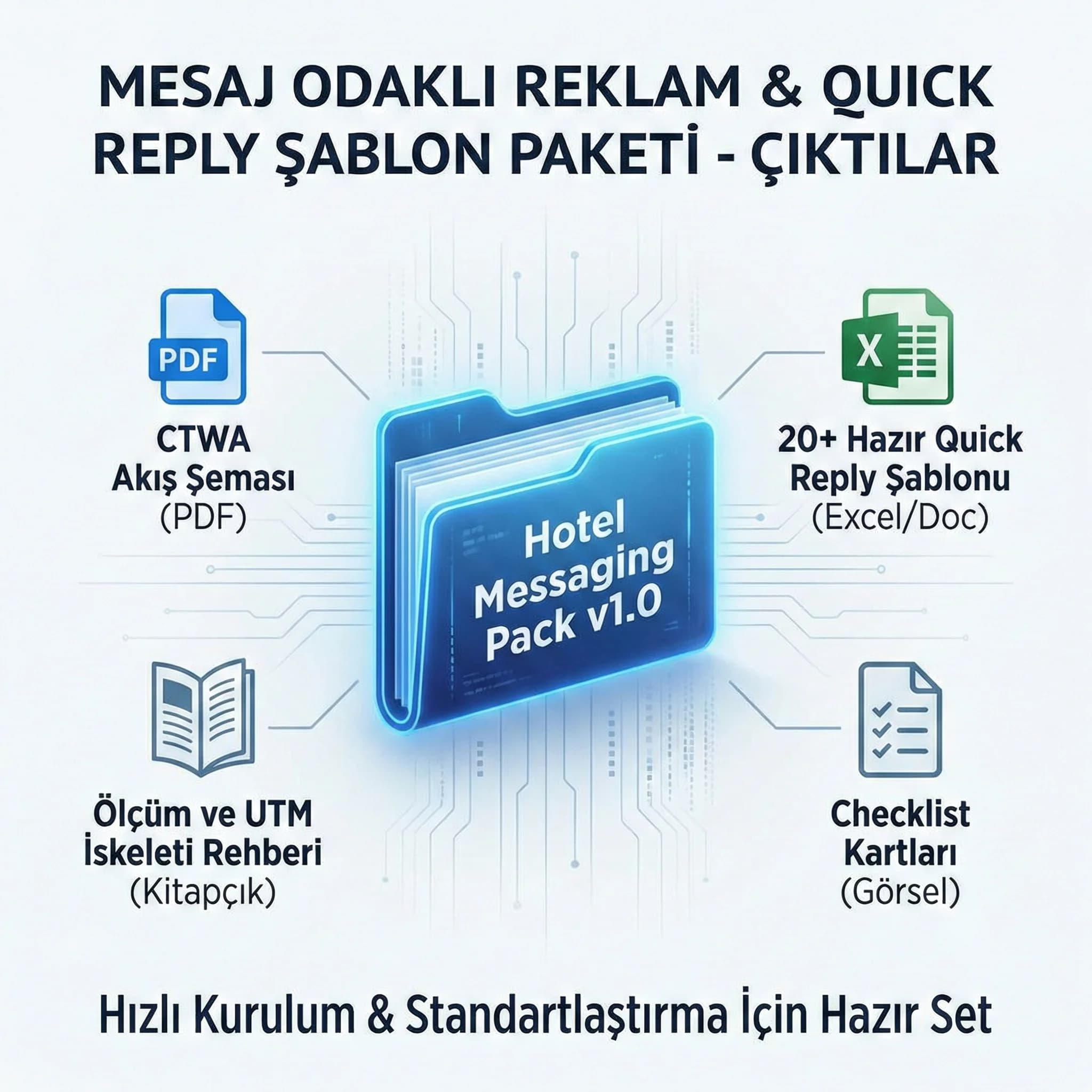 Mesaj odaklı reklam quick reply şablon paketi çıktıları kanıt kartı otel görseli