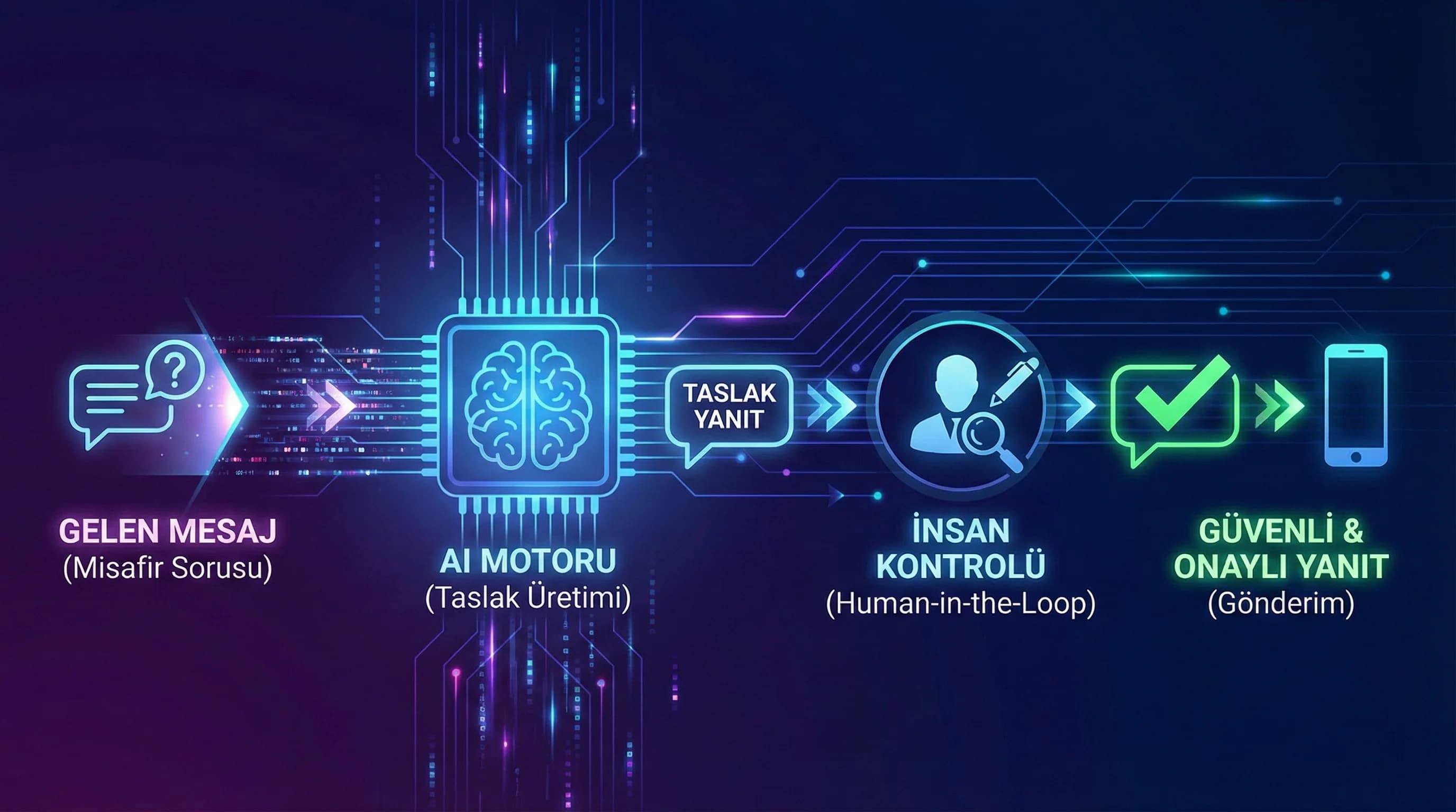 AI taslak akışı + risk katmanları + otel bağlamı