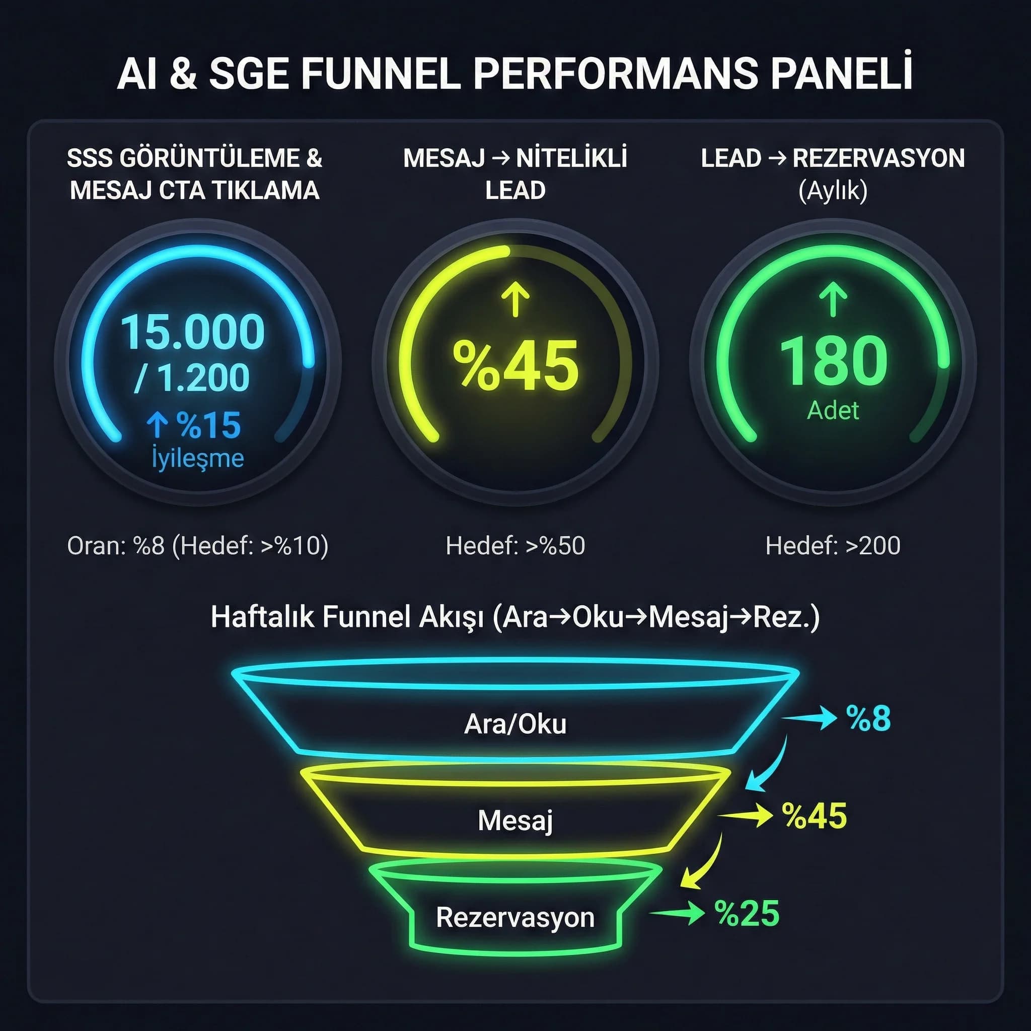 Ara oku mesaj at funnel KPI paneli ile otel dönüşümünü izleme görseli