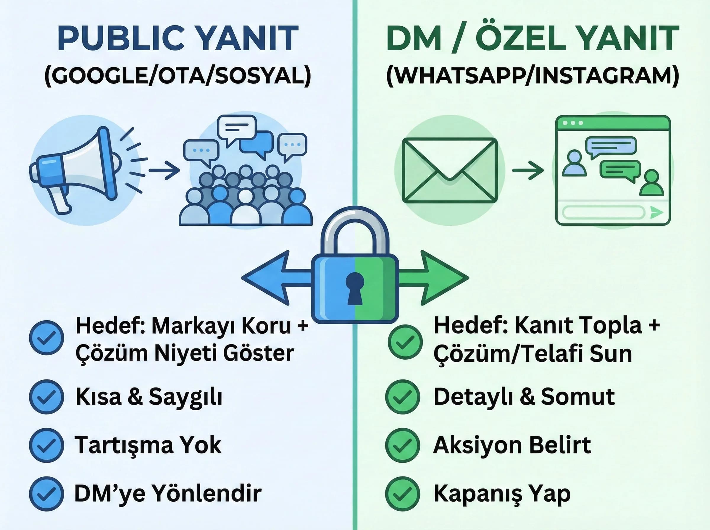 Public yorum ve DM şikâyet stratejisini ayıran otel bölüm görseli